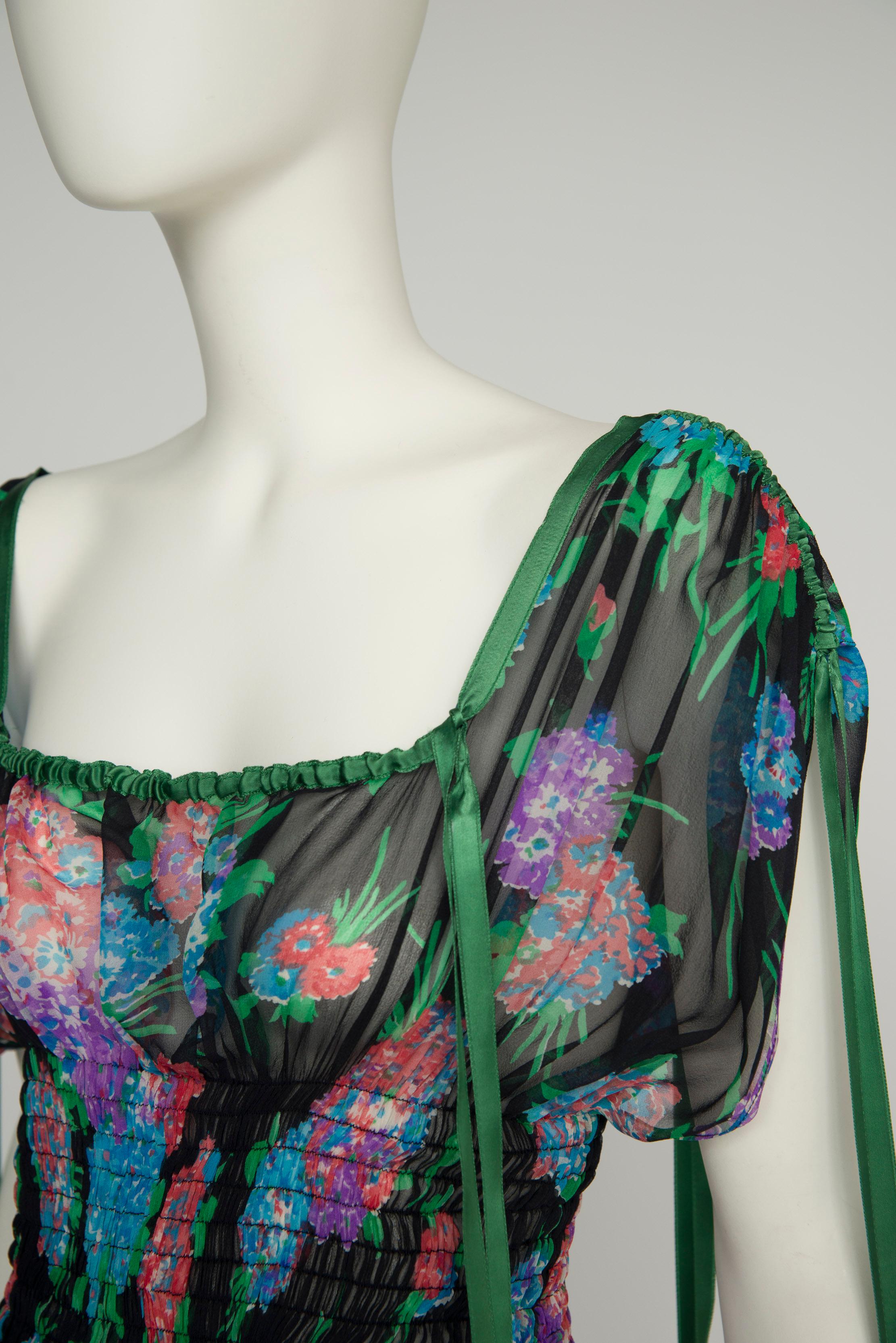 Yves Saint Laurent Smocked Floral-Print Silk-Chiffon Maxi Dress For Sale 6