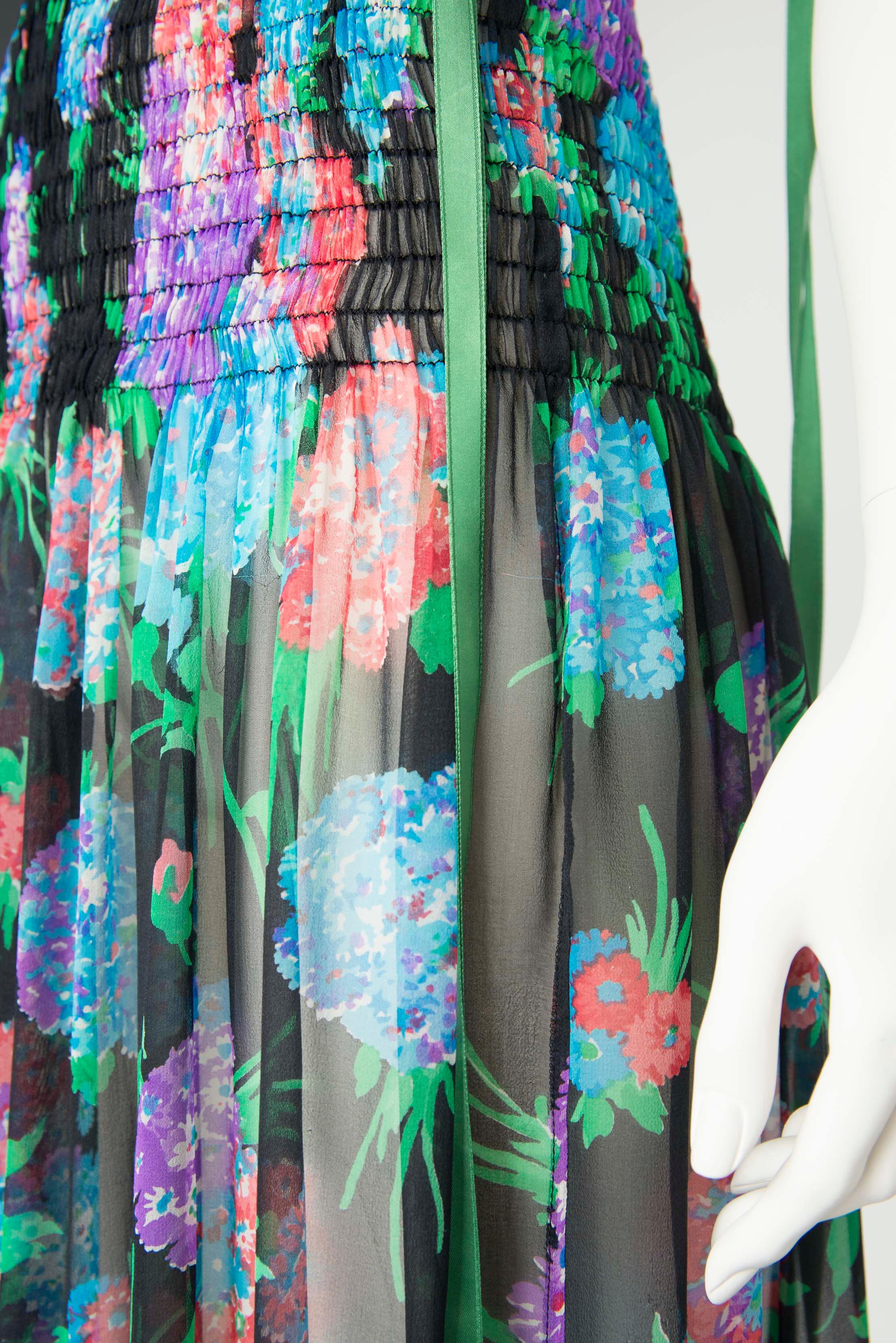 Yves Saint Laurent Smocked Floral-Print Silk-Chiffon Maxi Dress For Sale 7