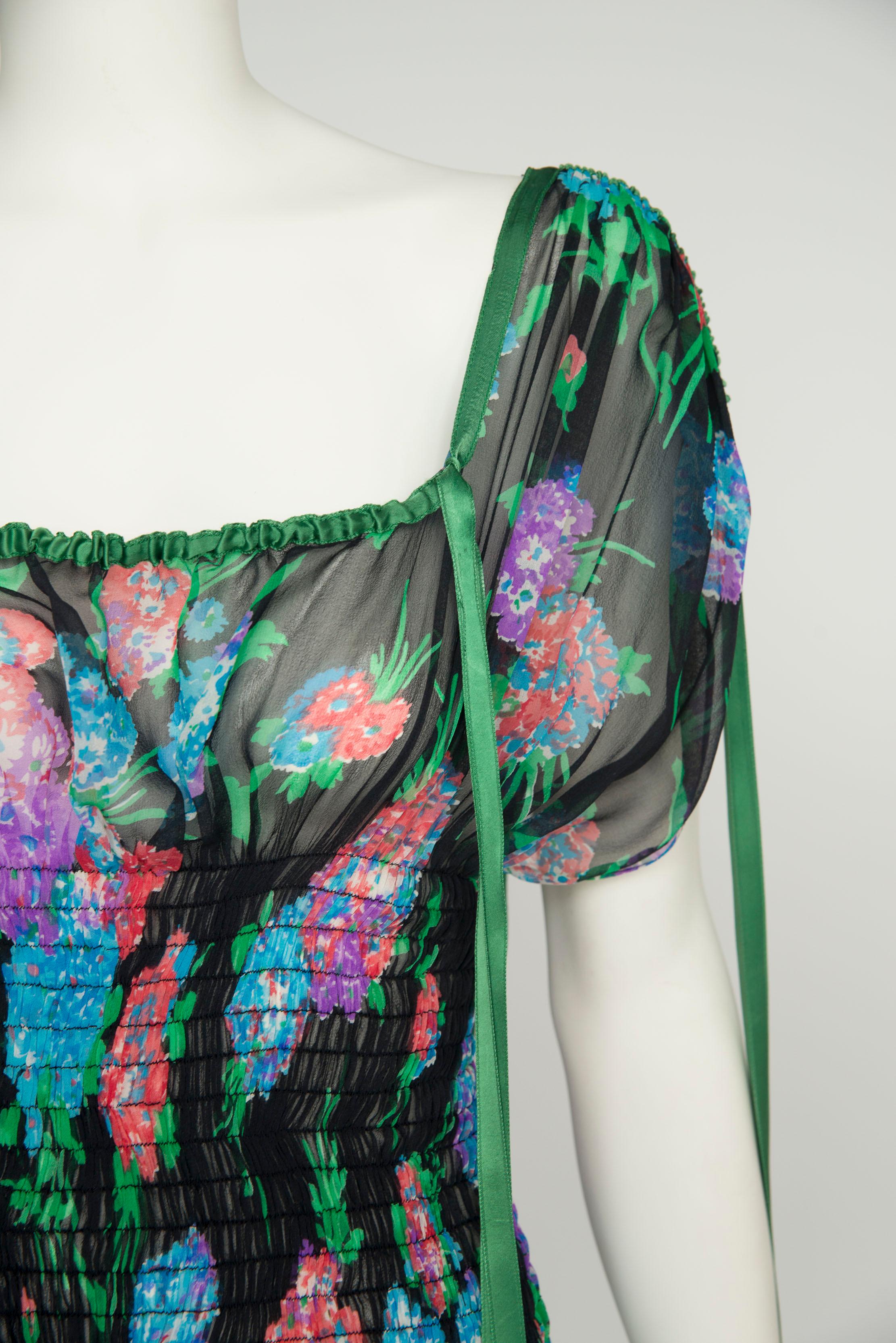 Yves Saint Laurent Smocked Floral-Print Silk-Chiffon Maxi Dress For Sale 8