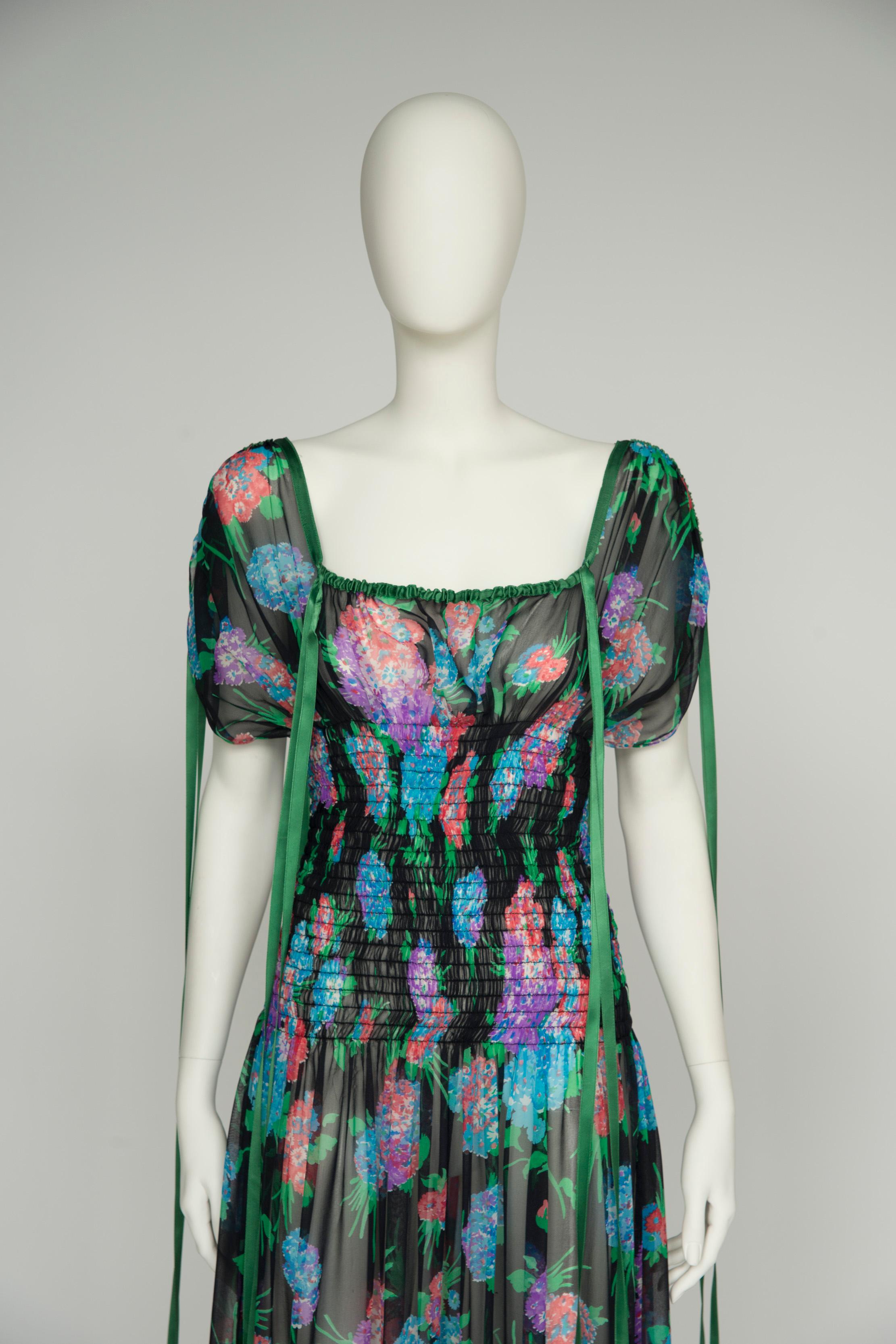 Yves Saint Laurent Smocked Floral-Print Silk-Chiffon Maxi Dress For Sale 9