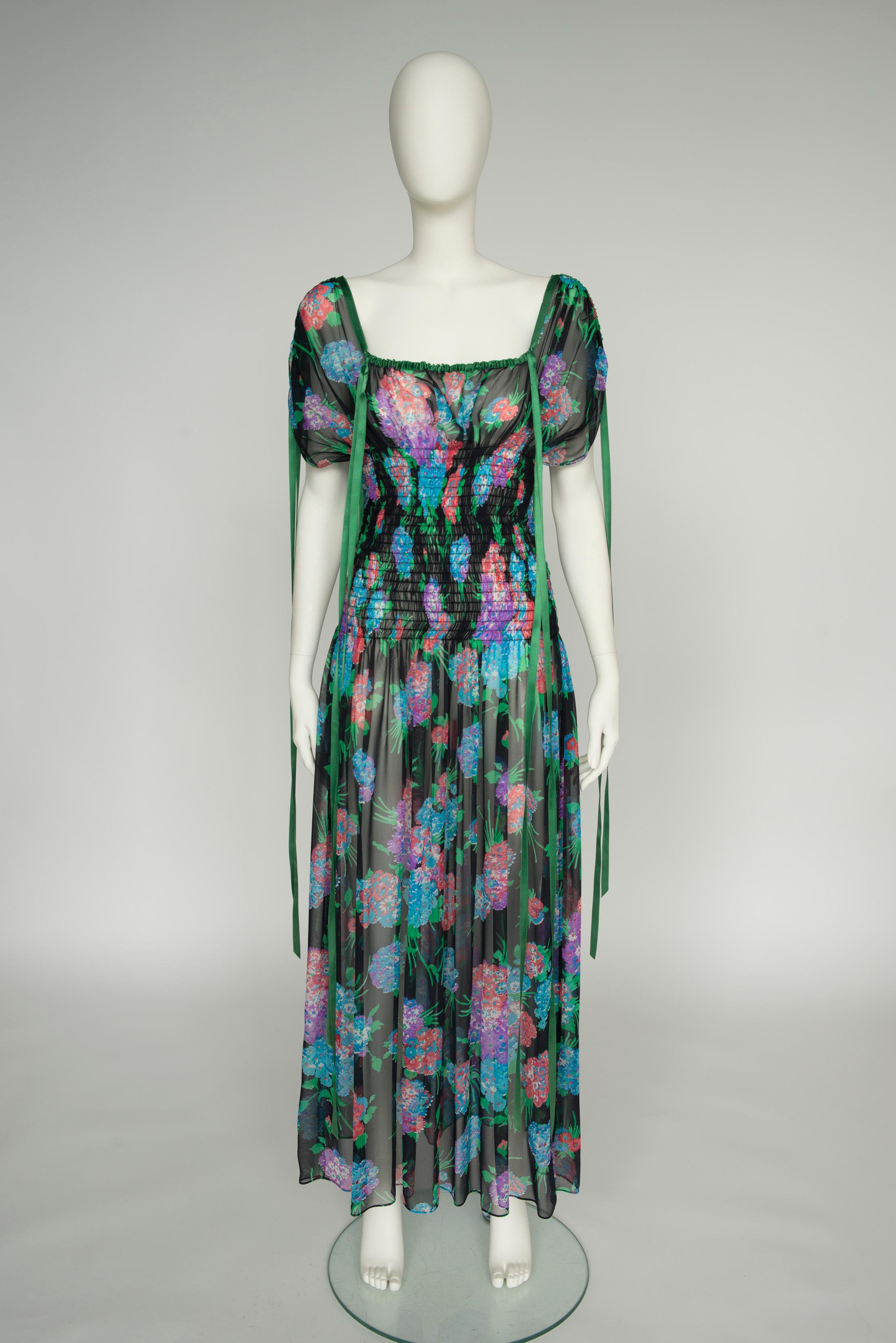 Yves Saint Laurent Smocked Floral-Print Silk-Chiffon Maxi Dress For Sale 10