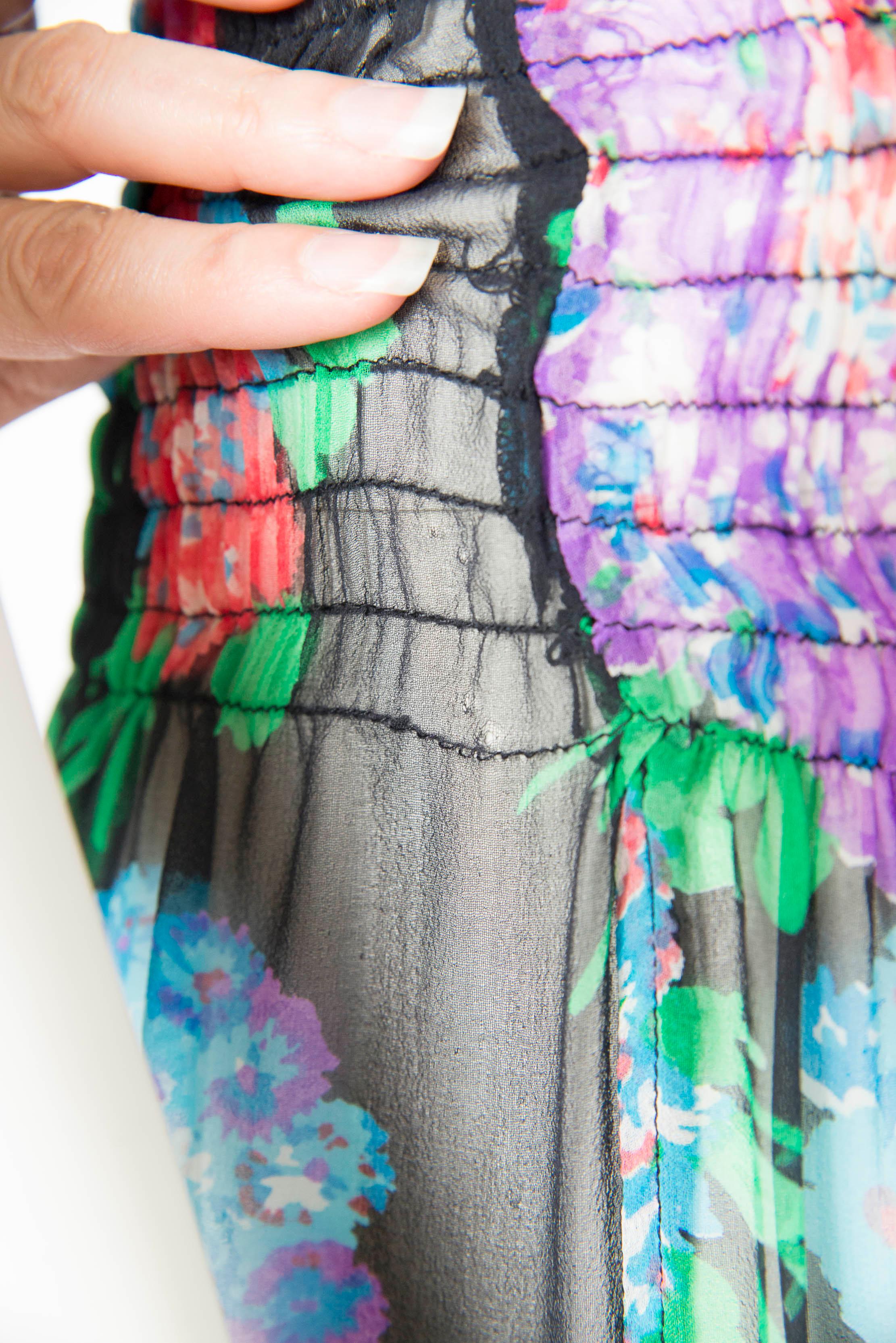 Yves Saint Laurent Smocked Floral-Print Silk-Chiffon Maxi Dress For Sale 11