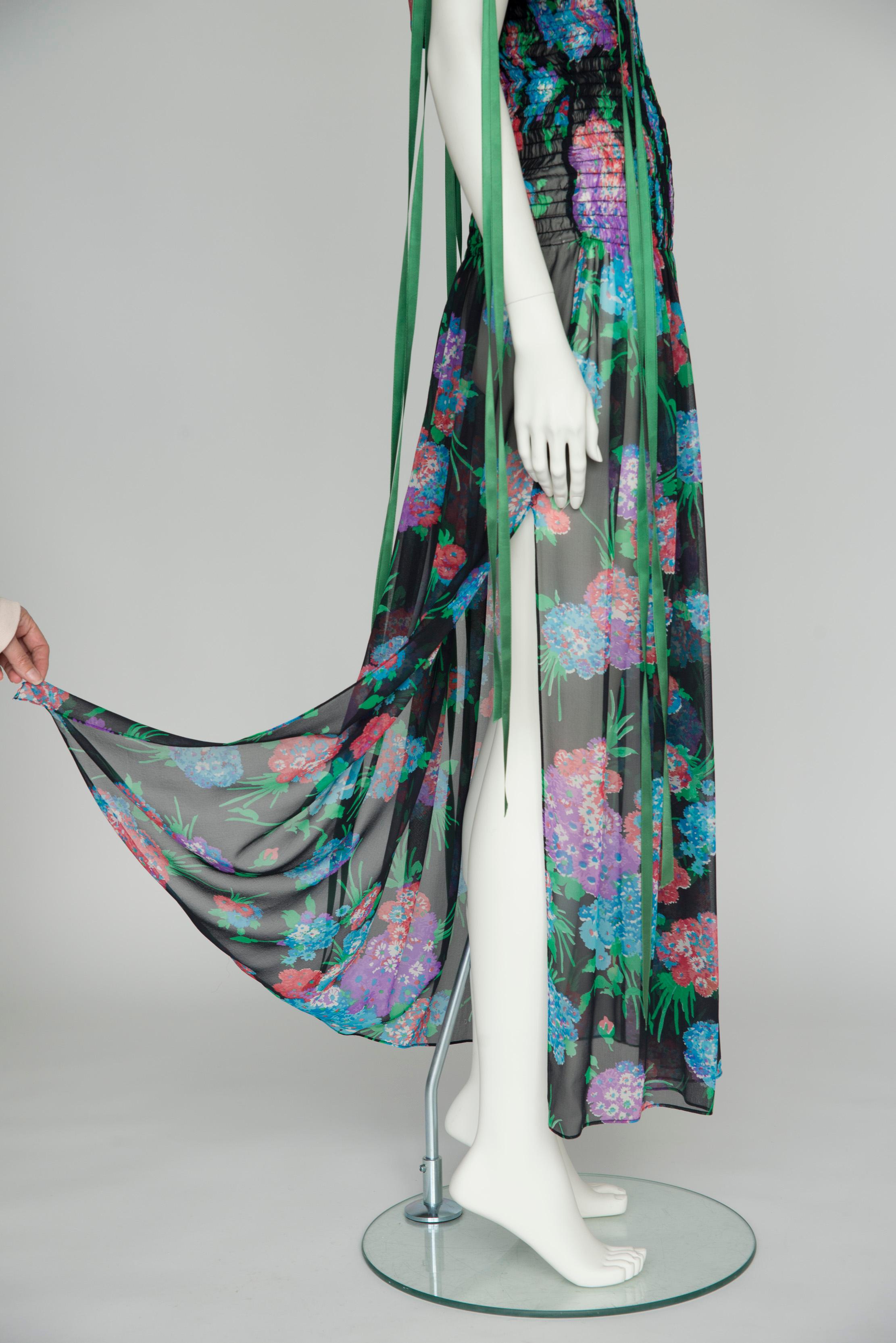 Gray Yves Saint Laurent Smocked Floral-Print Silk-Chiffon Maxi Dress For Sale