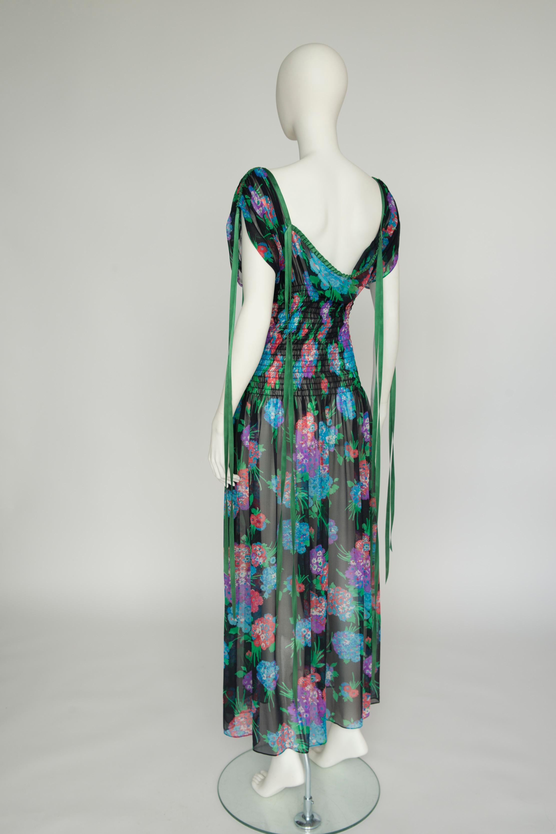 Yves Saint Laurent Smocked Floral-Print Silk-Chiffon Maxi Dress In Good Condition For Sale In Geneva, CH