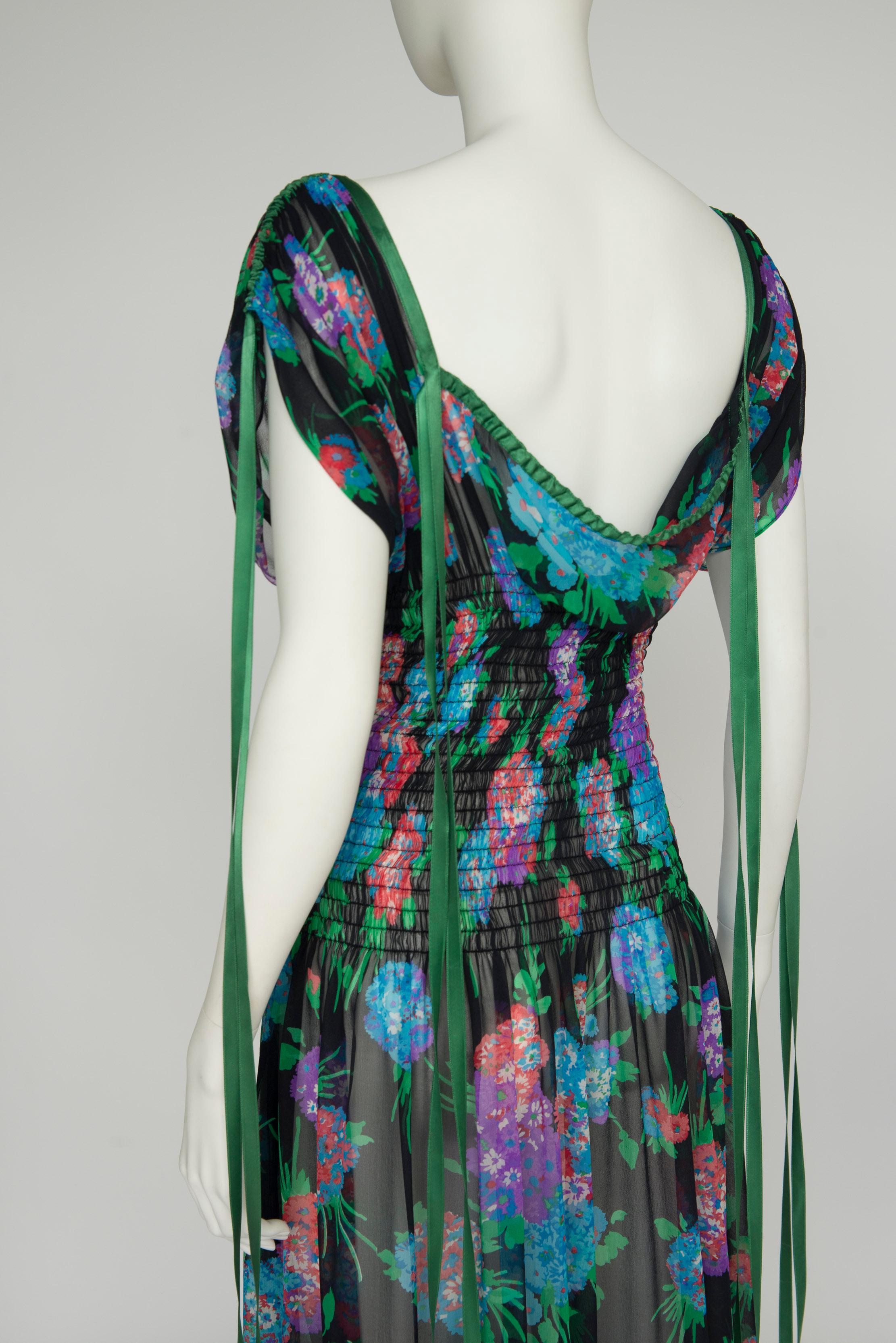Women's Yves Saint Laurent Smocked Floral-Print Silk-Chiffon Maxi Dress For Sale