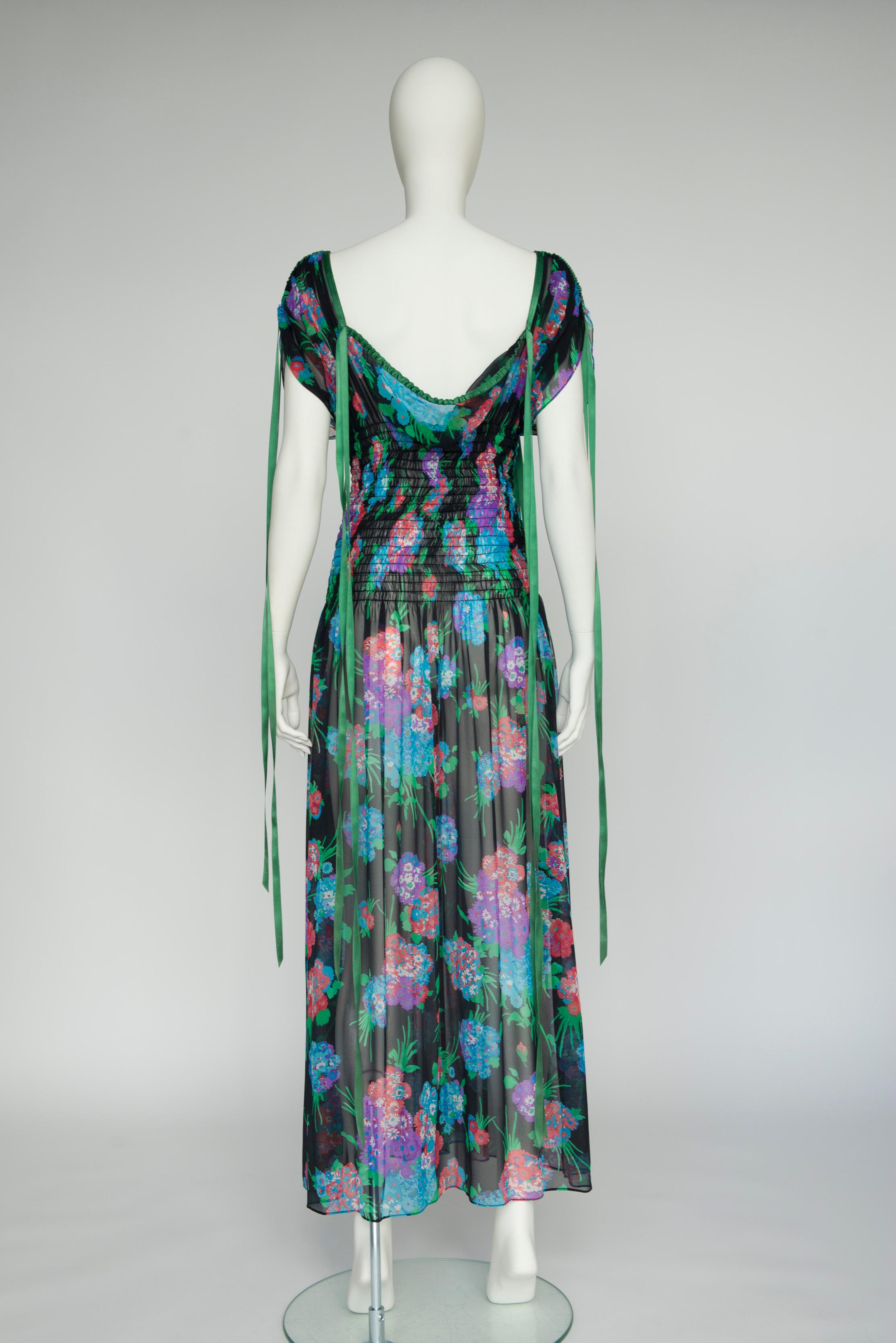Yves Saint Laurent Smocked Floral-Print Silk-Chiffon Maxi Dress For Sale 1
