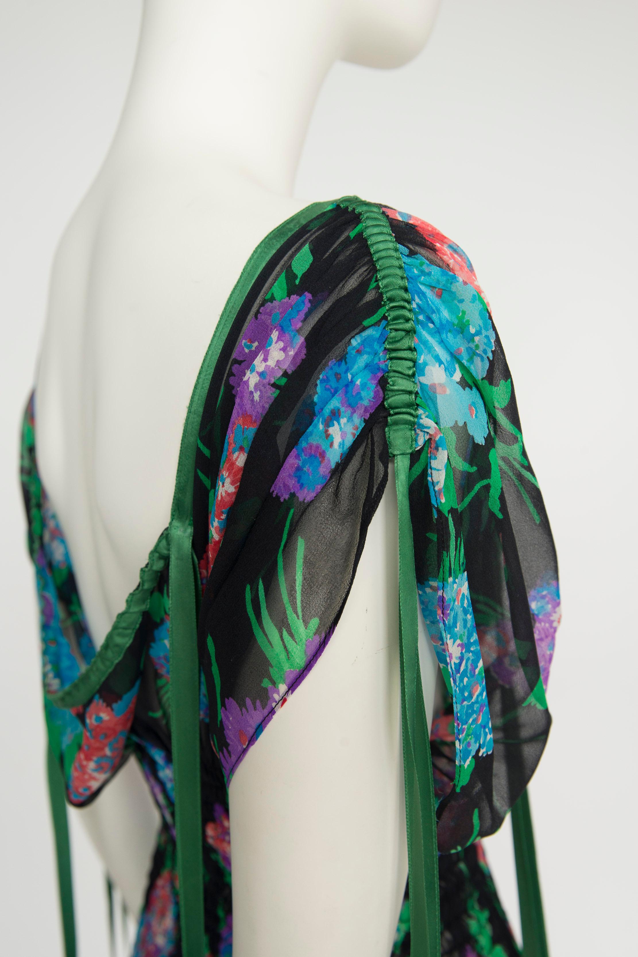 Yves Saint Laurent Smocked Floral-Print Silk-Chiffon Maxi Dress For Sale 2