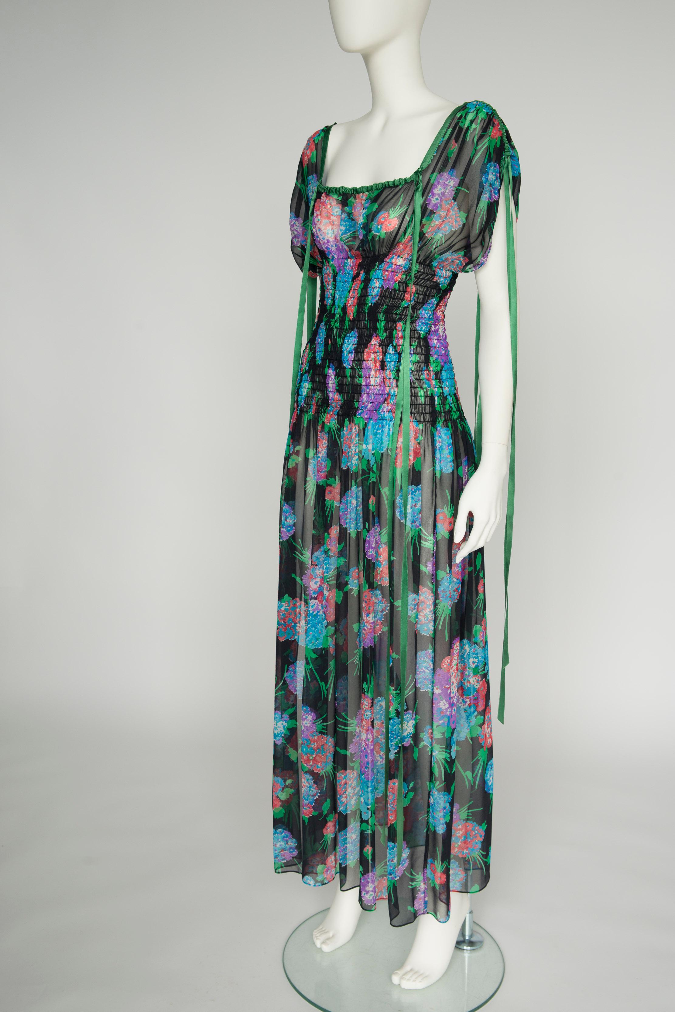 Yves Saint Laurent Smocked Floral-Print Silk-Chiffon Maxi Dress For Sale 4