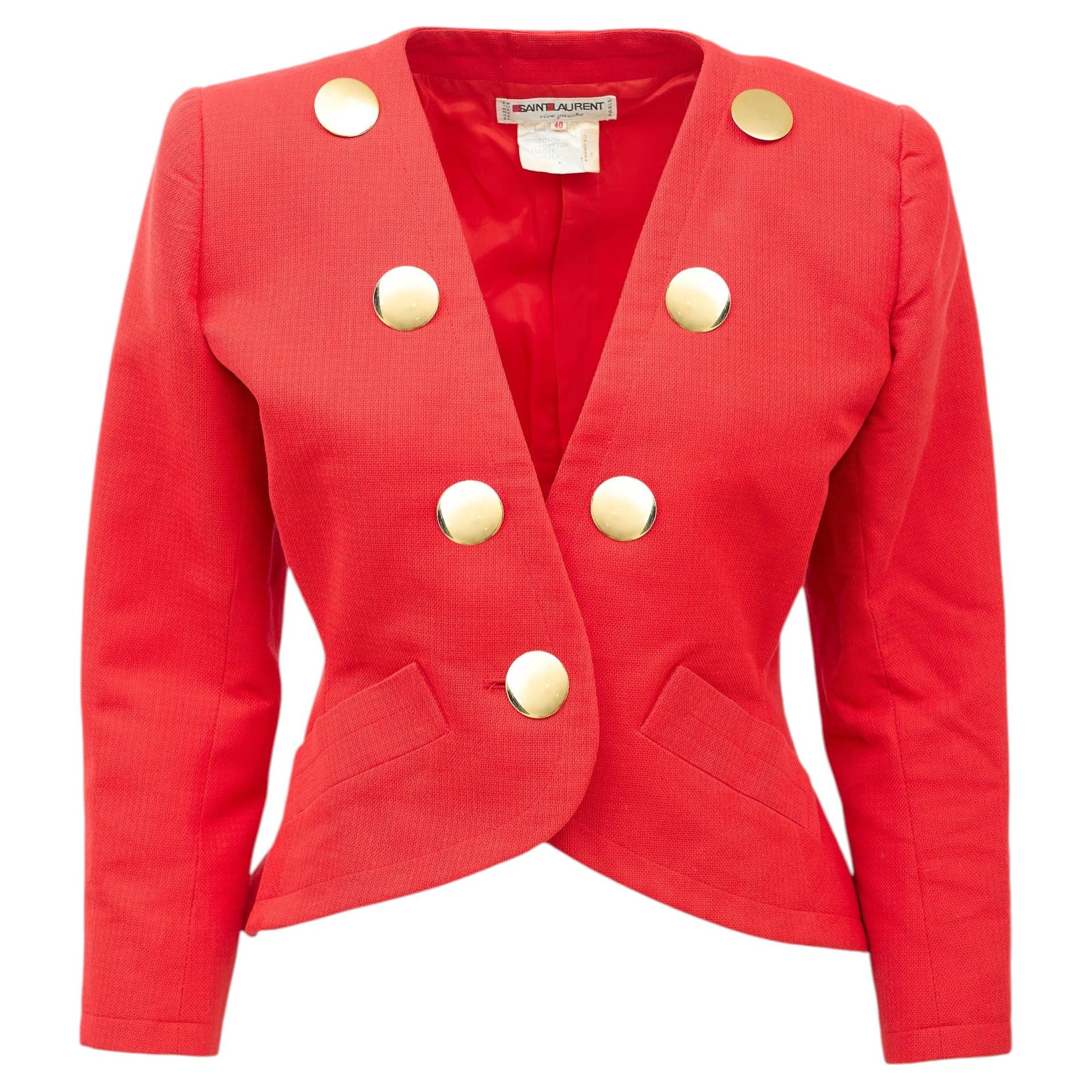 Yves Saint Laurent SS 1988 Rive Gauche Red & Gold Button Trim Jacket FR 40 For Sale