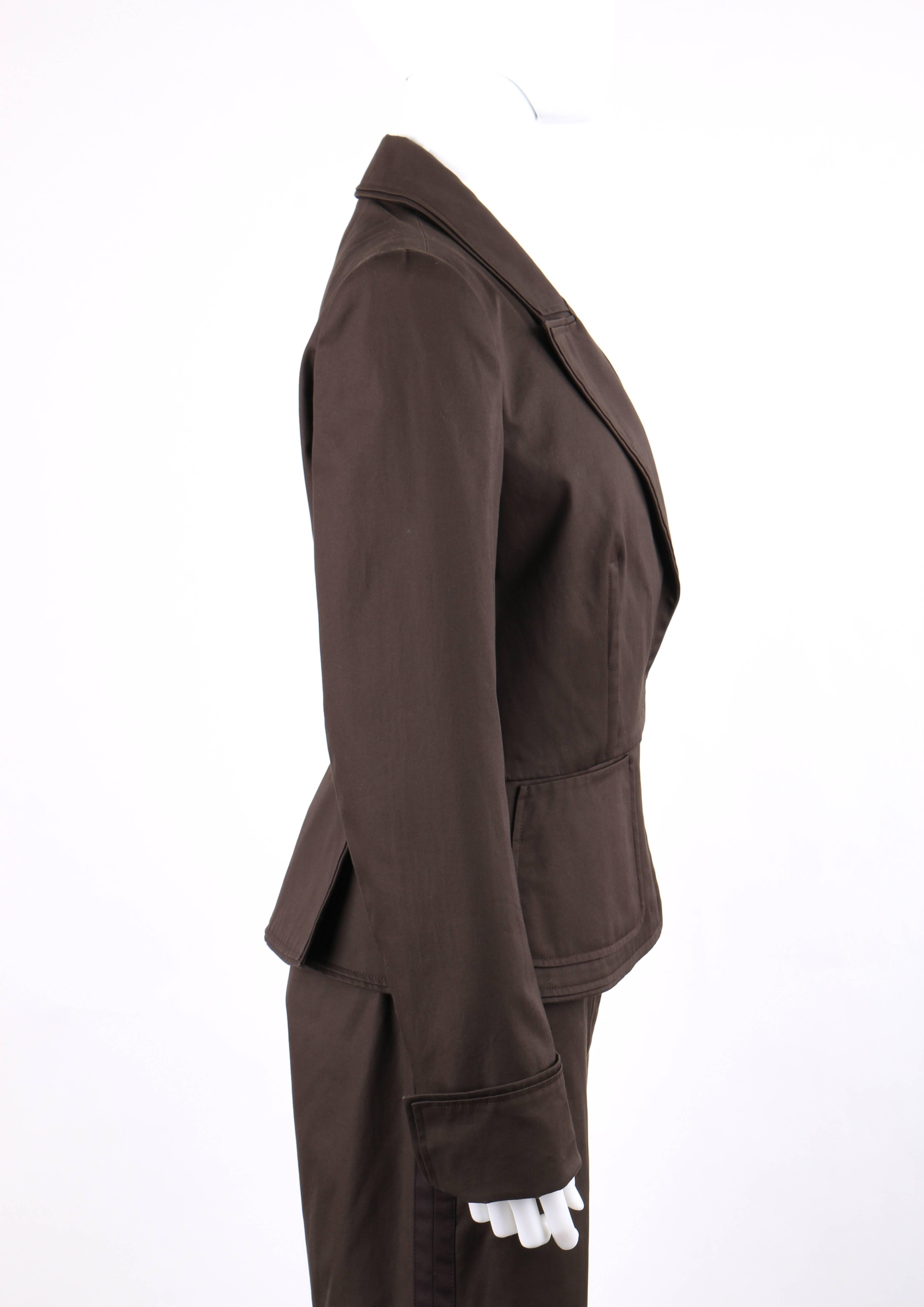 Black YVES SAINT LAURENT S/S 2003 YSL 2 Pc Olive Brown Peplum Blazer Pants Power Suit