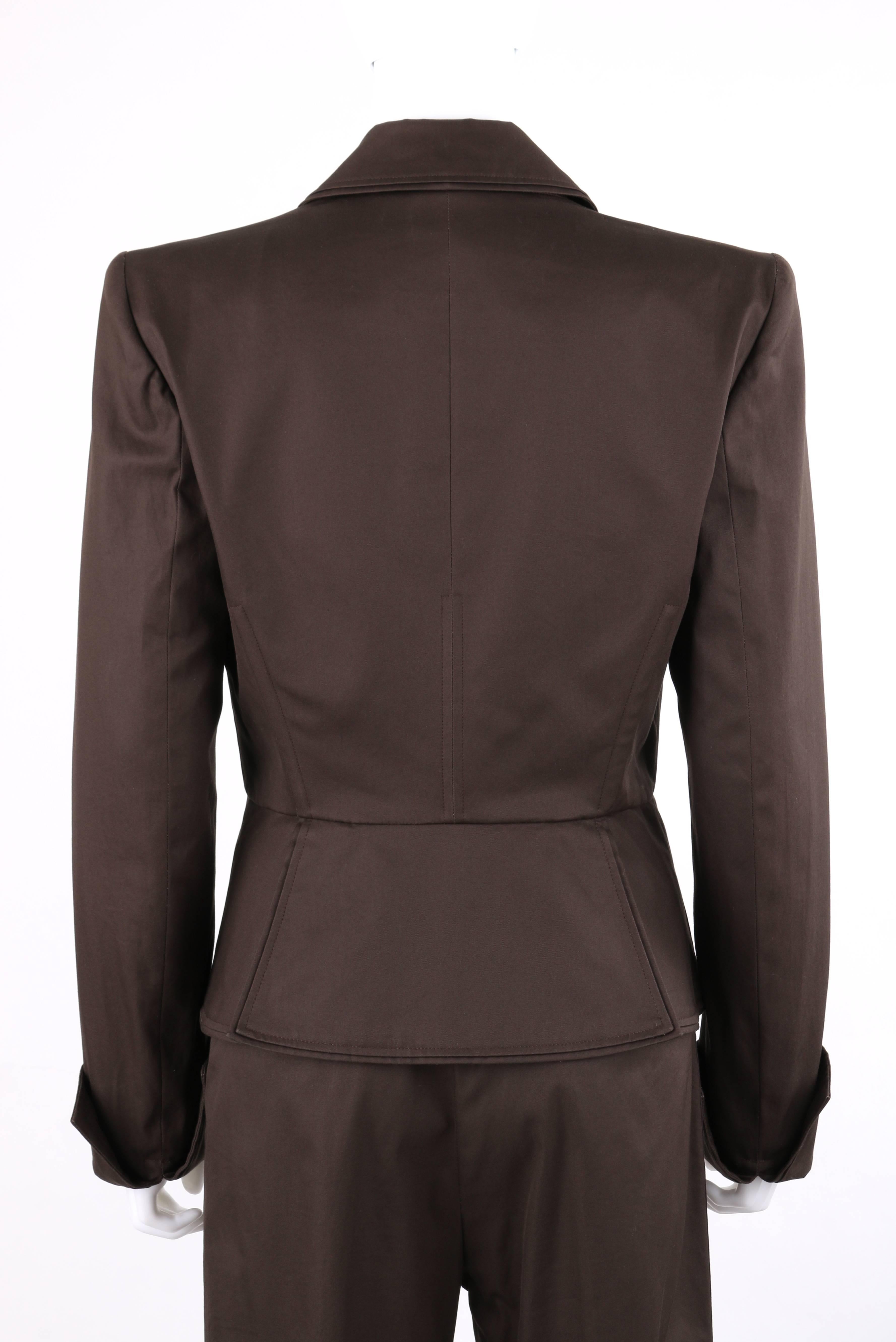 YVES SAINT LAURENT S/S 2003 YSL 2 Pc Olive Brown Peplum Blazer Pants Power Suit In Excellent Condition In Thiensville, WI