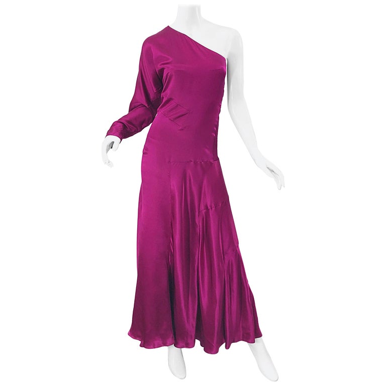 open lace back dress 1989 Yves Saint Laurent Haute Couture Magenta Pink Silk Draped Gown