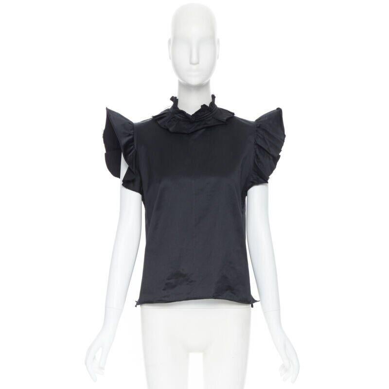 Women's YVES SAINT LAURENT SS10 black cotton ruffle sleeve victorian collar vest FR38 For Sale