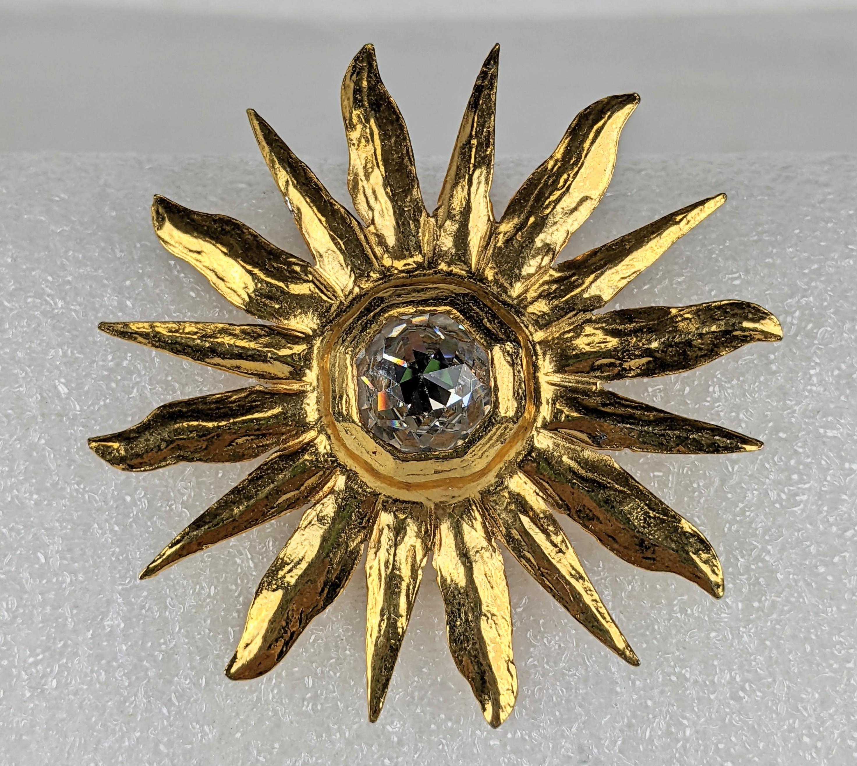 Large Yves Saint Laurent Starburst Brooch of gilt bronze in the Cocteau style by Maison Goossens. Central crystal is a rose cut pyramid. YSL Rive Gauche, 1980's France. 3