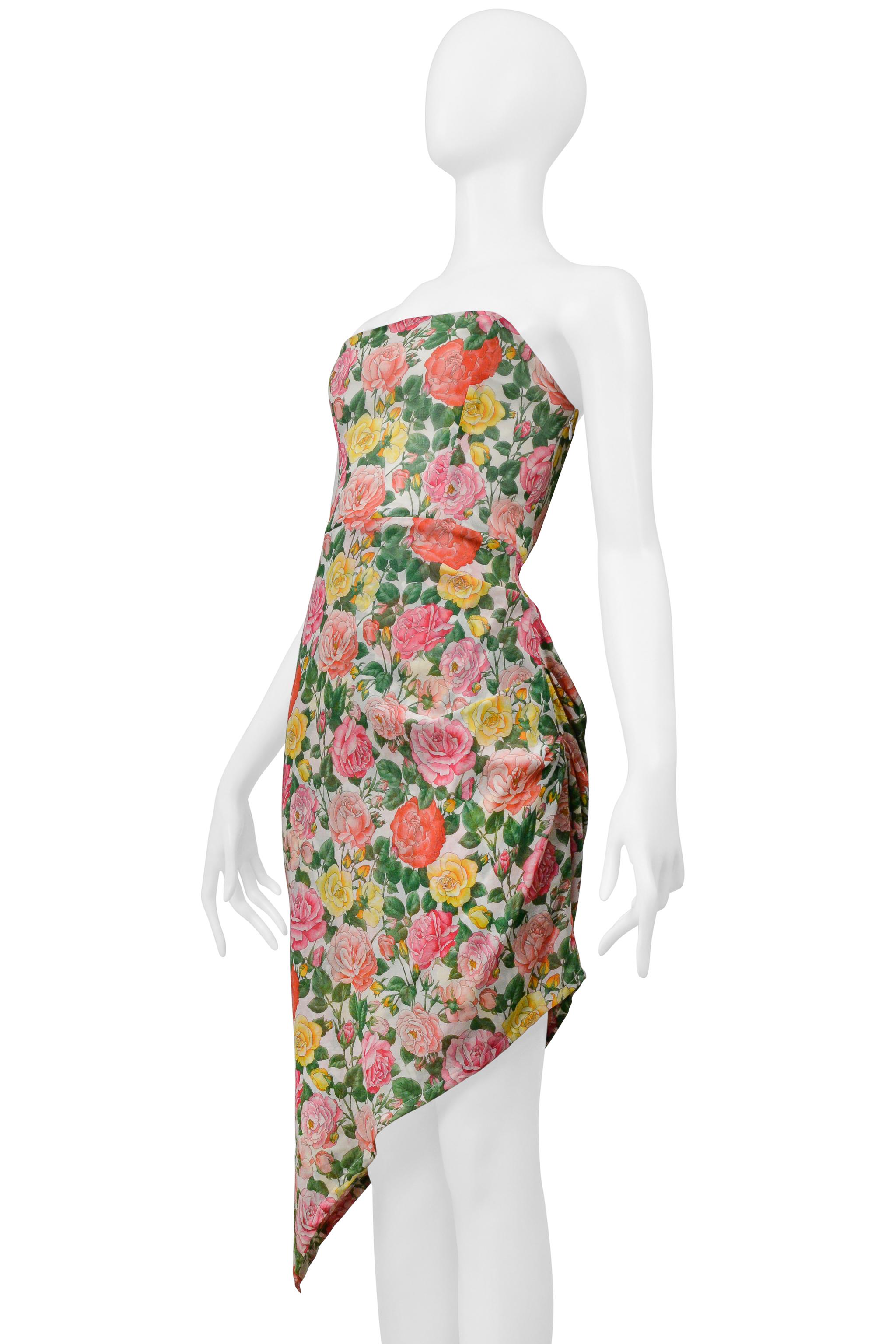 Beige Yves Saint Laurent Strapless Floral Cotton Dress With Asymmetrical Hemline For Sale