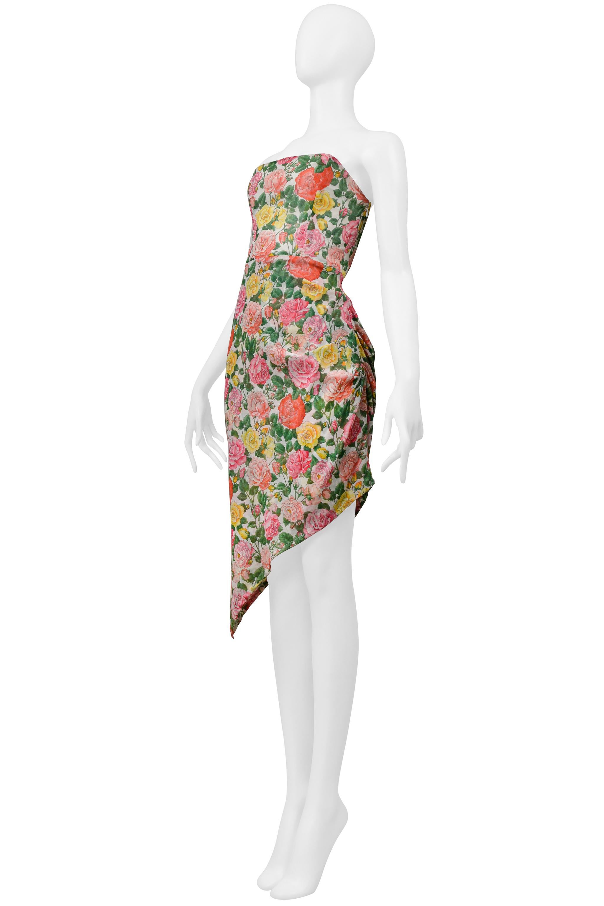 Yves Saint Laurent Strapless Floral Cotton Dress With Asymmetrical Hemline In Excellent Condition For Sale In Los Angeles, CA