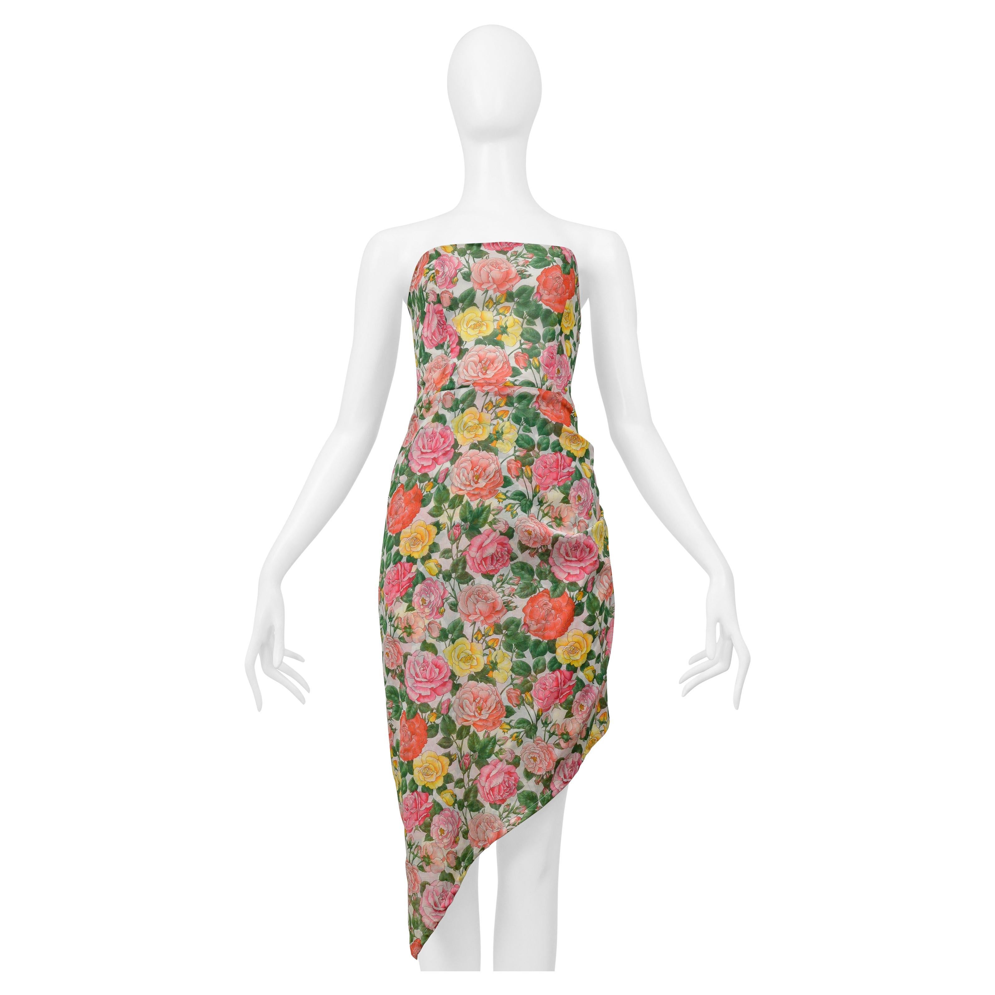 Yves Saint Laurent Strapless Floral Cotton Dress With Asymmetrical Hemline For Sale