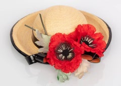 Yves Saint Laurent Straw and Black Patent Leather Red Poppy Flower Hat, 1970s