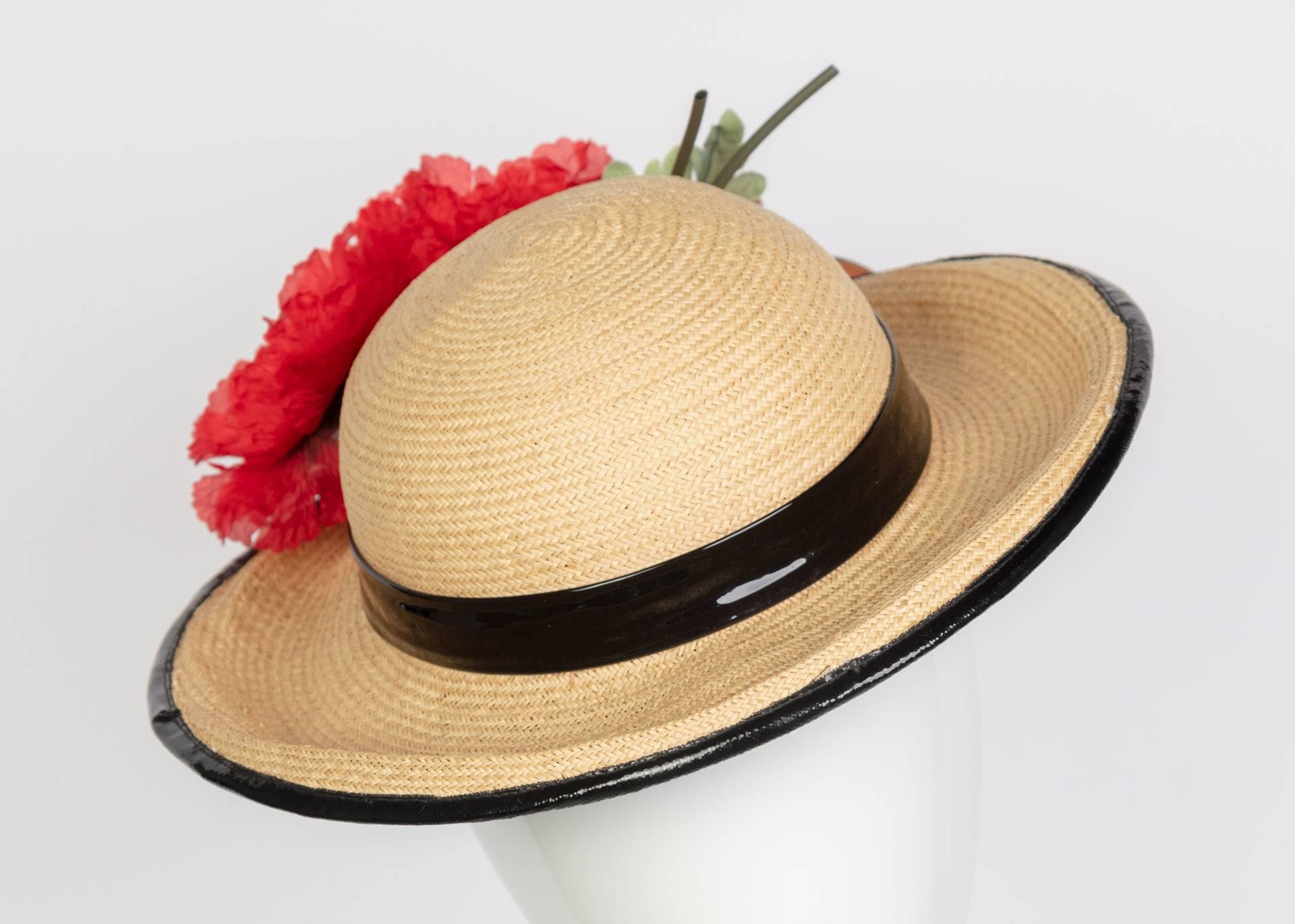 Yves Saint Laurent Straw and Black Patent Leather Red Poppy Flower Hat, 1970s In Excellent Condition For Sale In Boca Raton, FL