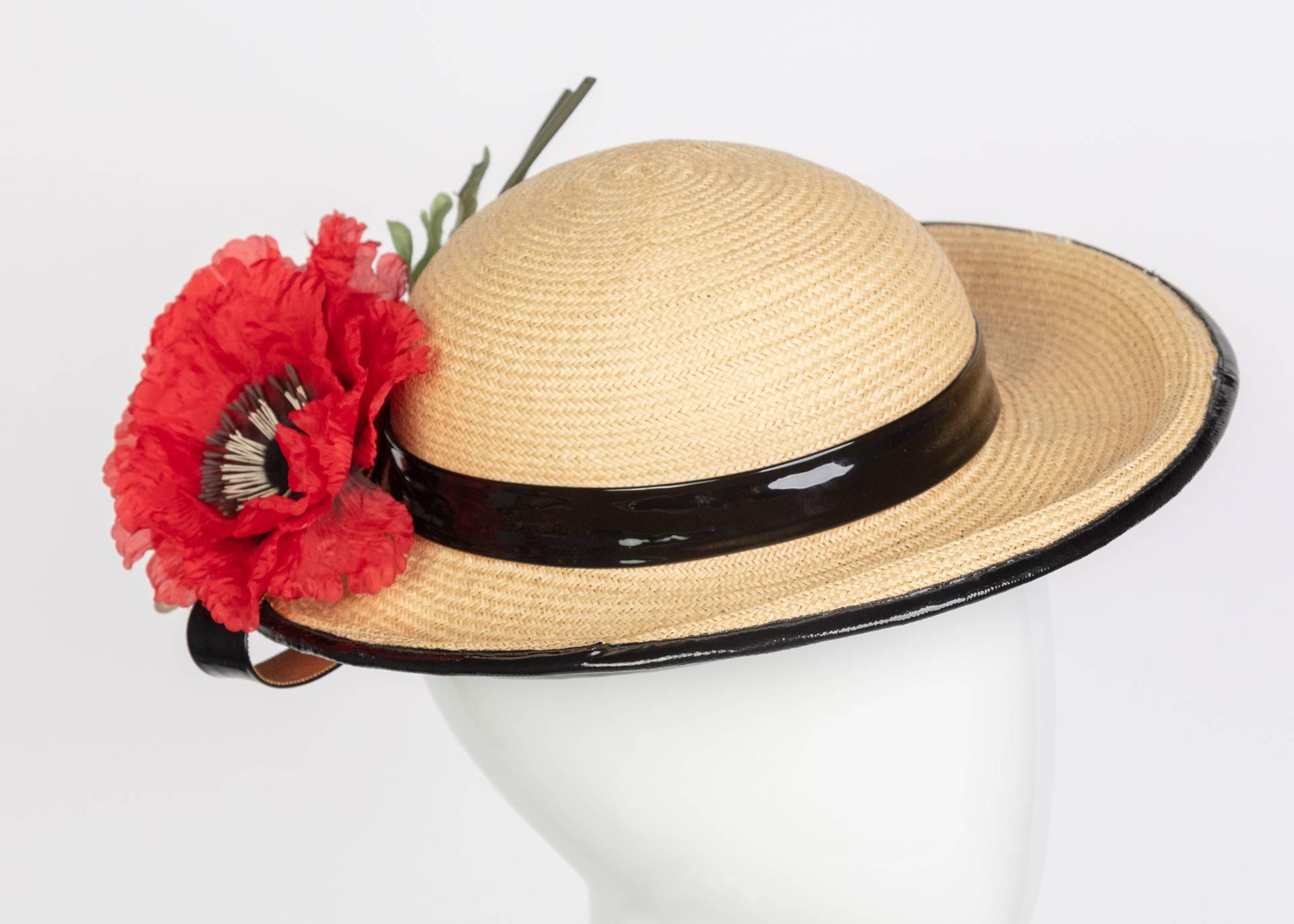 Men's Yves Saint Laurent Straw and Black Patent Leather Red Poppy Flower Hat, 1970s For Sale