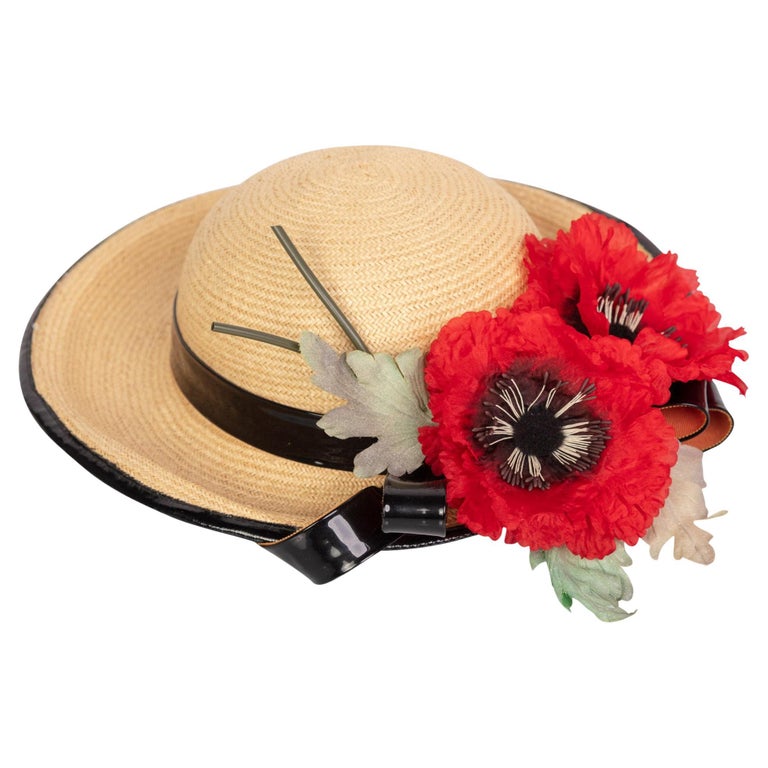 VINTAGE Chic Floral Straw Wide brim Hat with velvet Ribbon Poppies! 1930s Wide Brim Sunhat With Large Poppies - Etsy Israel main image 3
