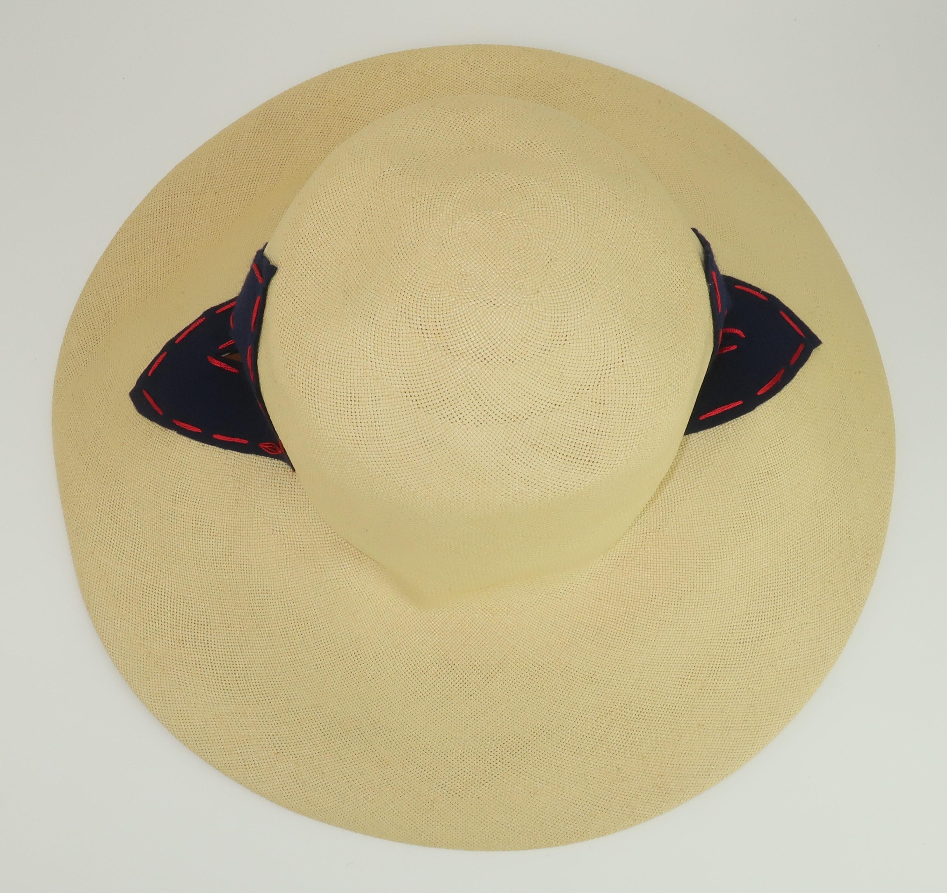 Yves Saint Laurent Straw Hat With Blue & Red Cut Outs, 1970's 6