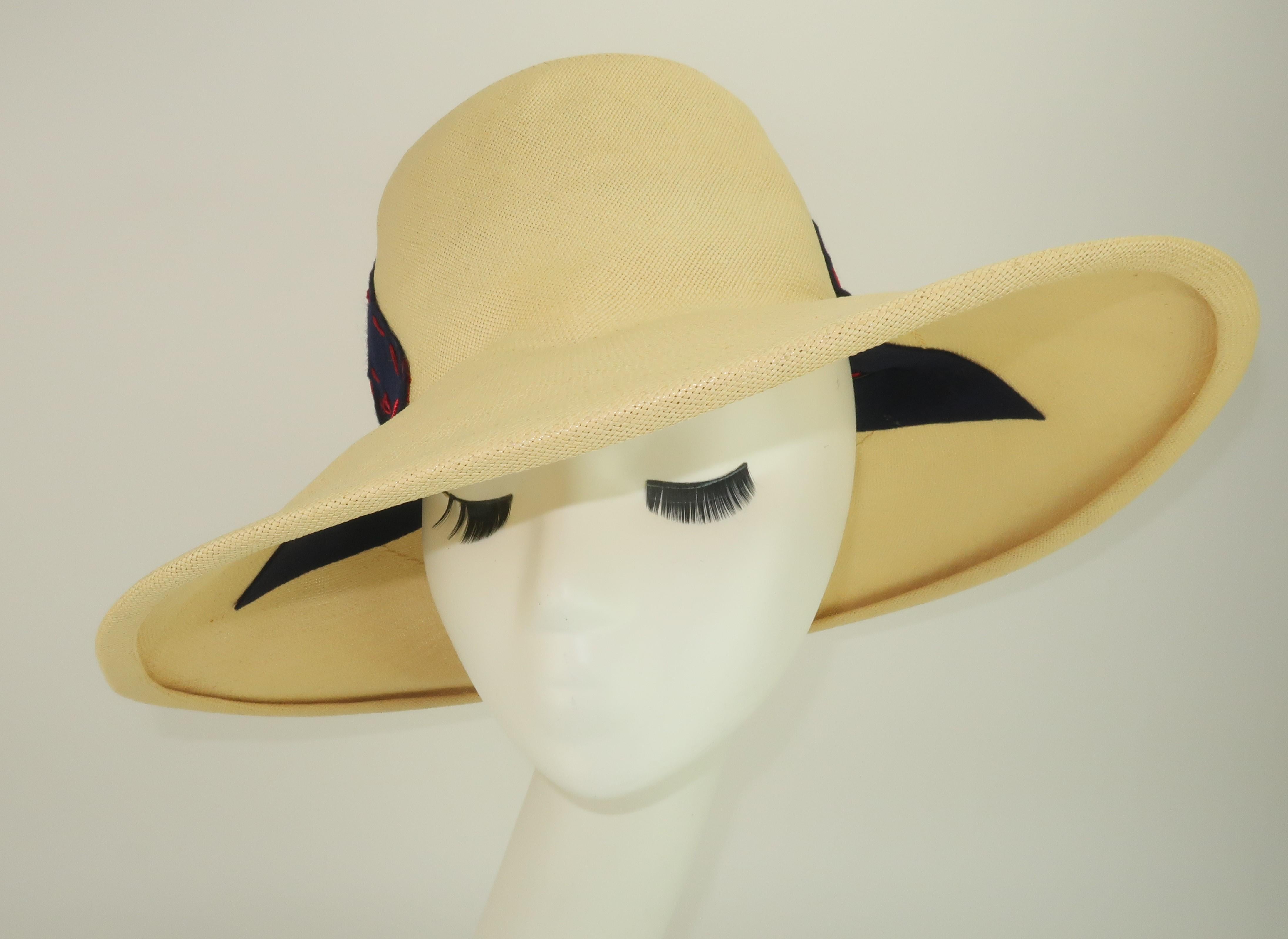 Yves Saint Laurent Straw Hat With Blue & Red Cut Outs, 1970's In Good Condition In Atlanta, GA