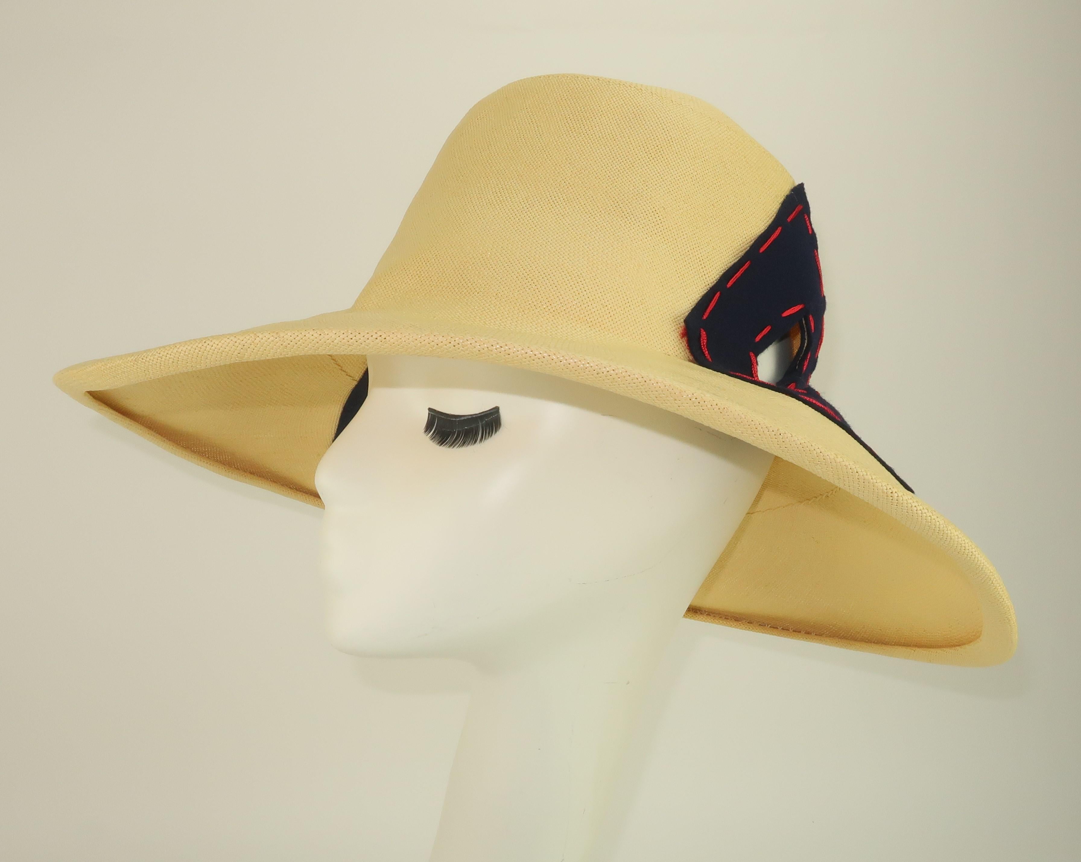 Women's Yves Saint Laurent Straw Hat With Blue & Red Cut Outs, 1970's