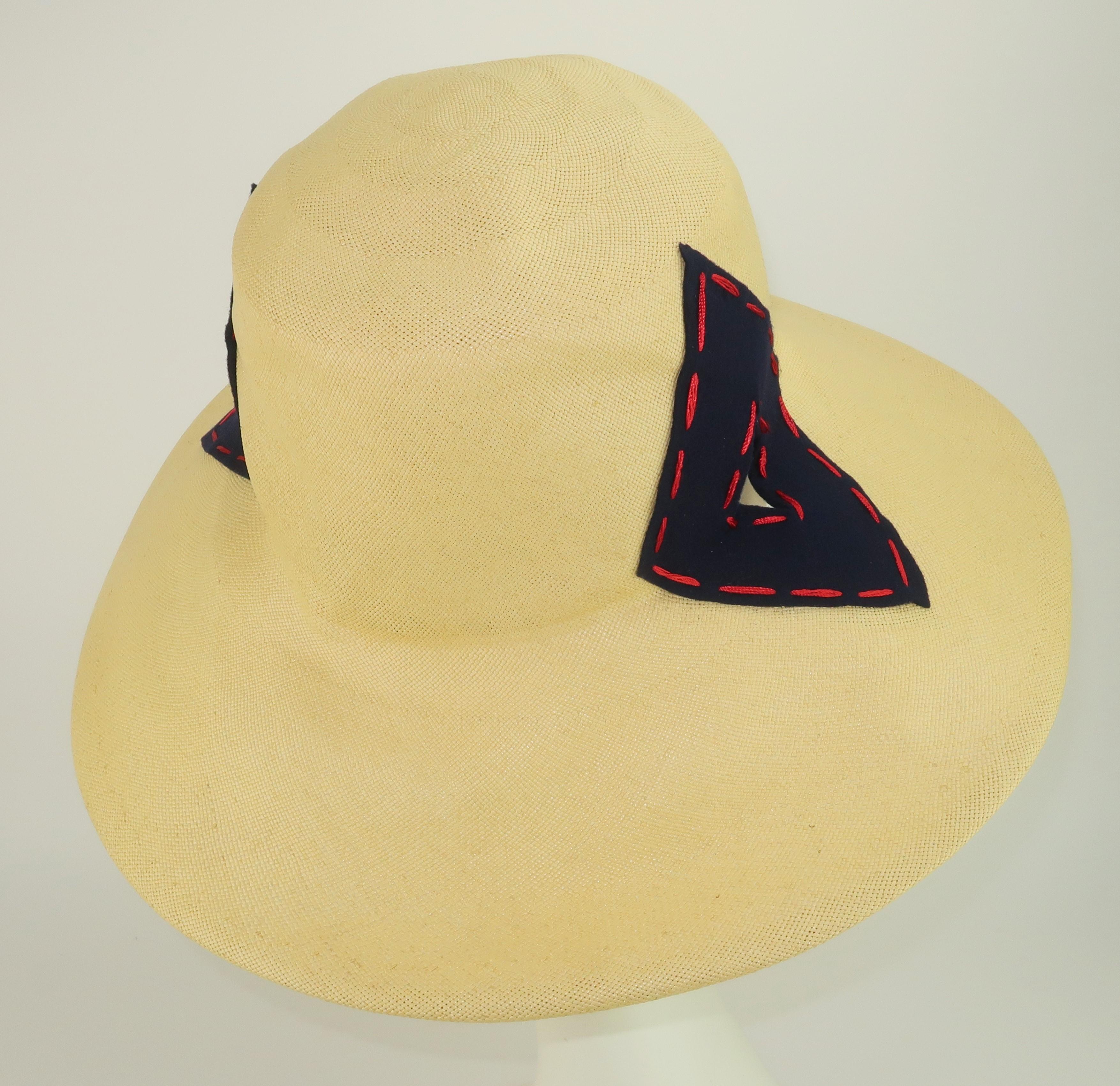 Yves Saint Laurent Straw Hat With Blue & Red Cut Outs, 1970's 1