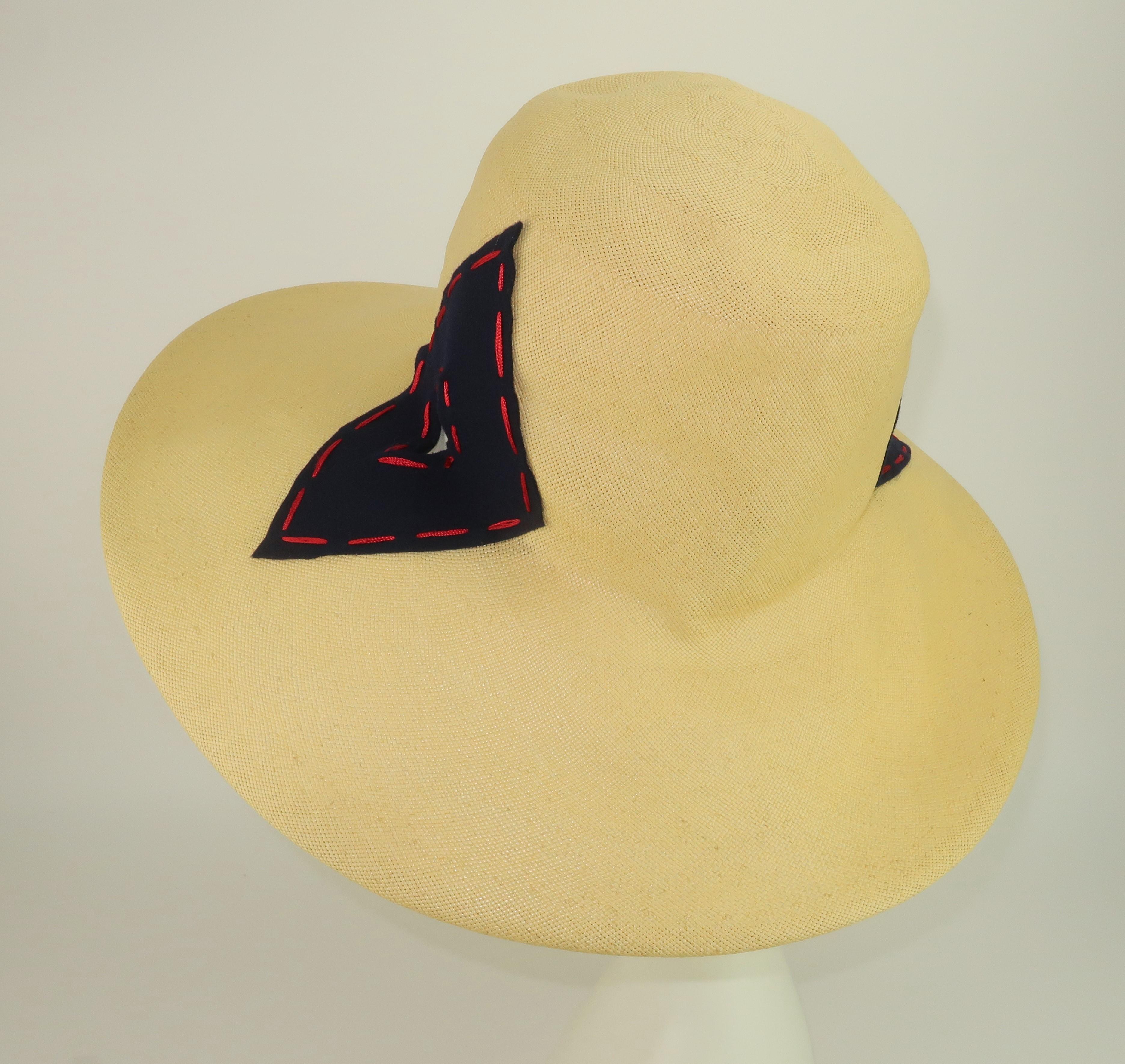 Yves Saint Laurent Straw Hat With Blue & Red Cut Outs, 1970's 2