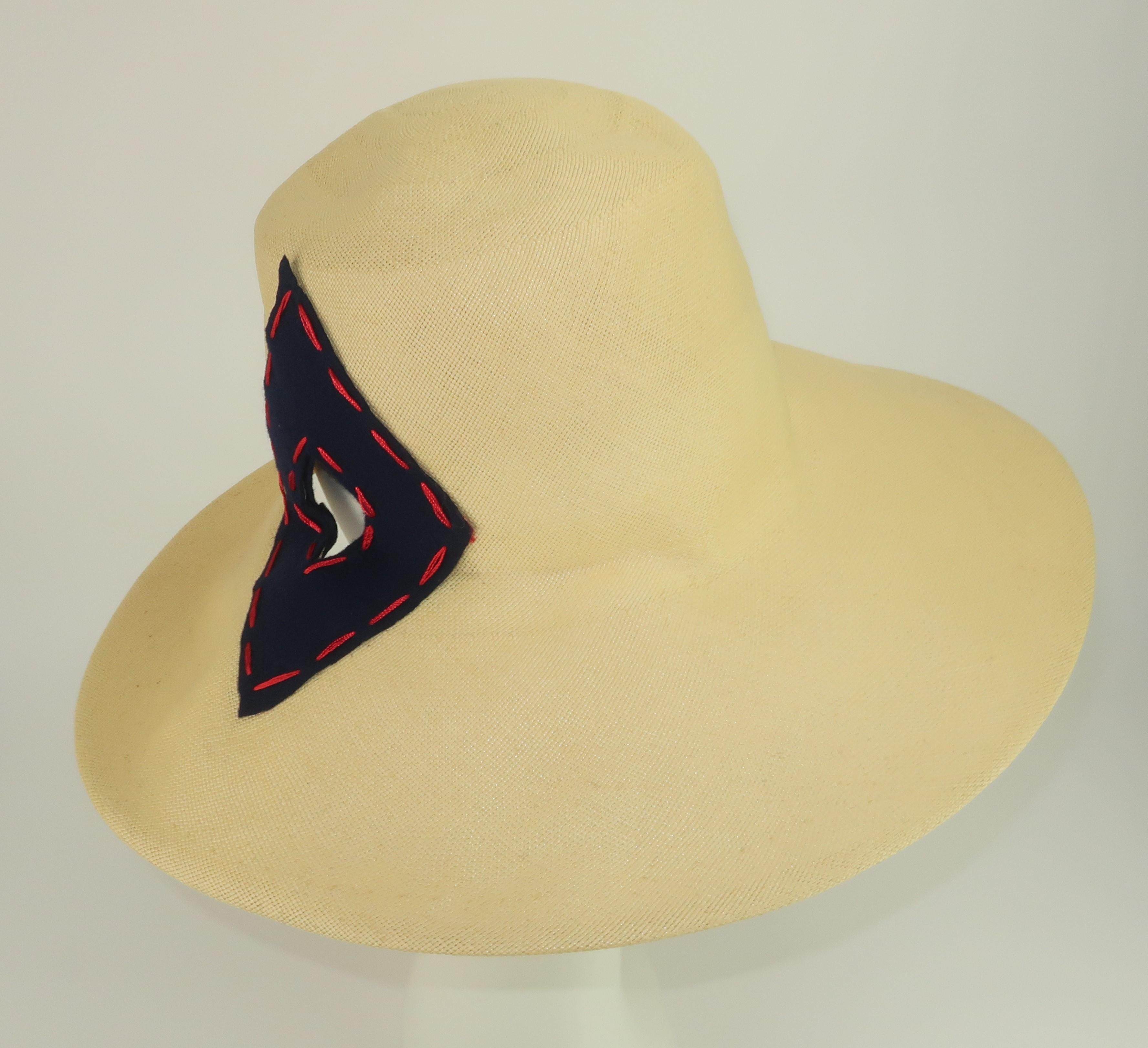 Yves Saint Laurent Straw Hat With Blue & Red Cut Outs, 1970's 3