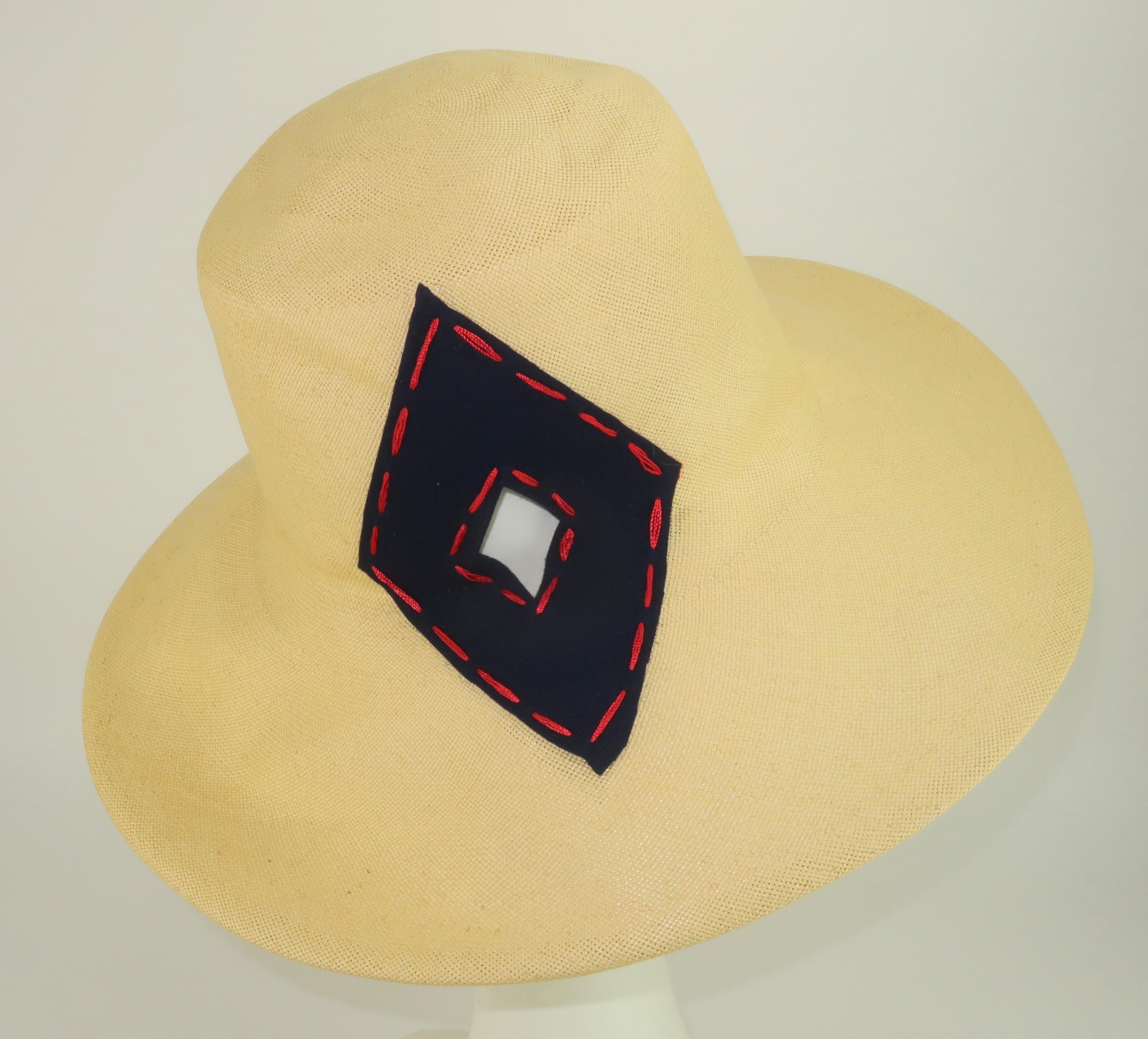 Yves Saint Laurent Straw Hat With Blue & Red Cut Outs, 1970's 4