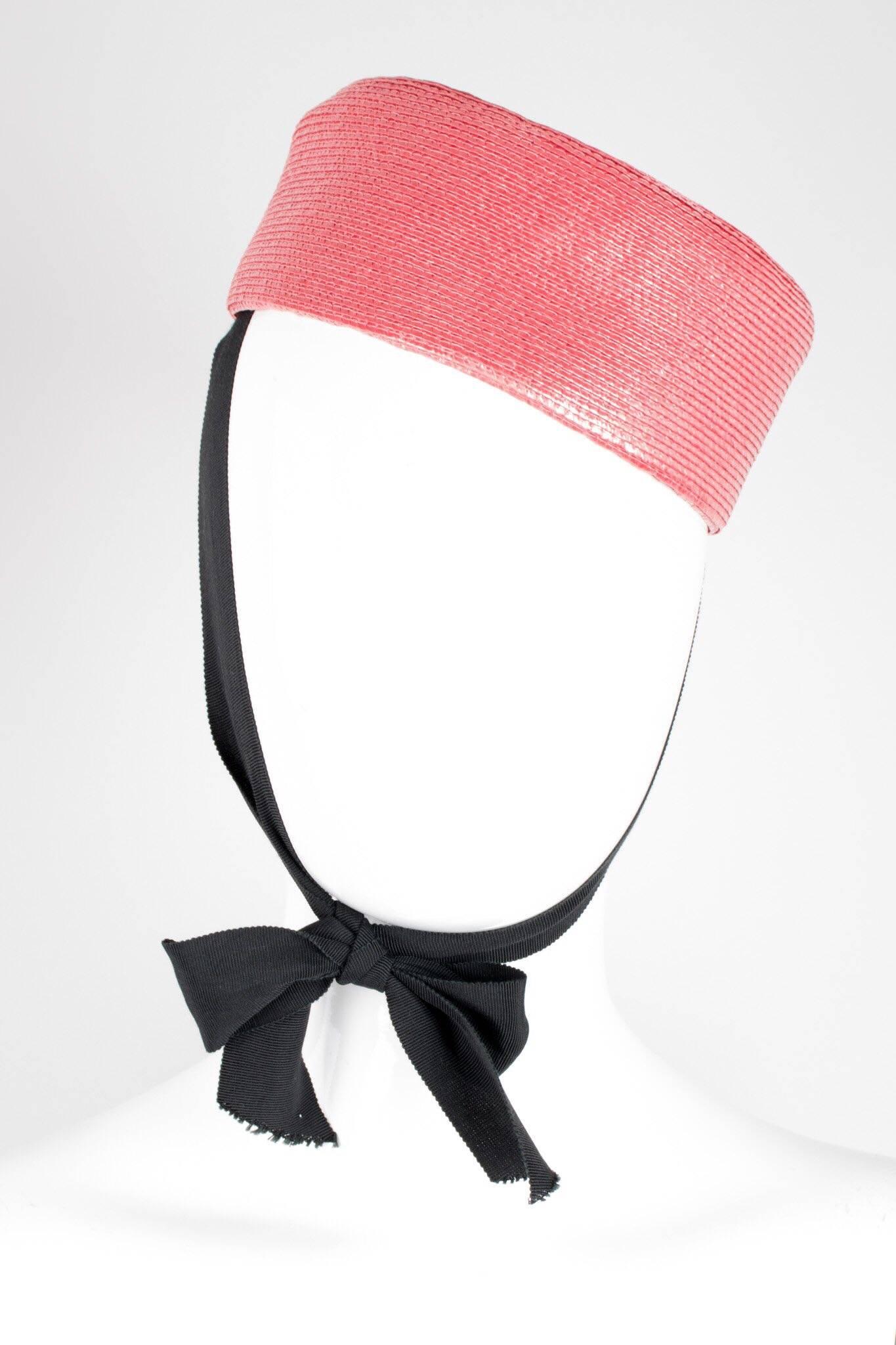 Pink Yves Saint Laurent Straw Tie Pillbox Hat