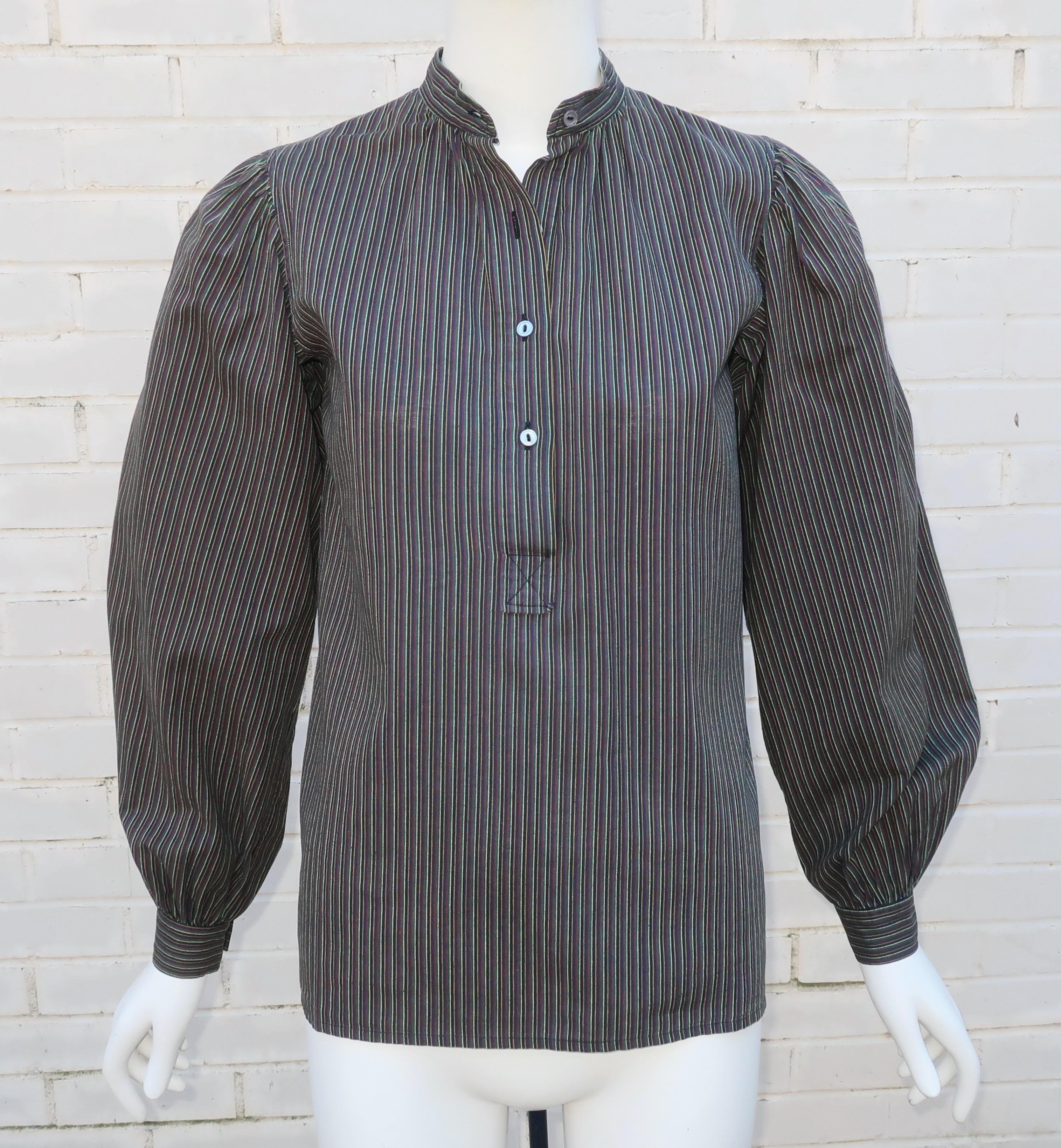Yves Saint Laurent Striped Cotton Peasant Style Blouse, 1970's In Good Condition For Sale In Atlanta, GA