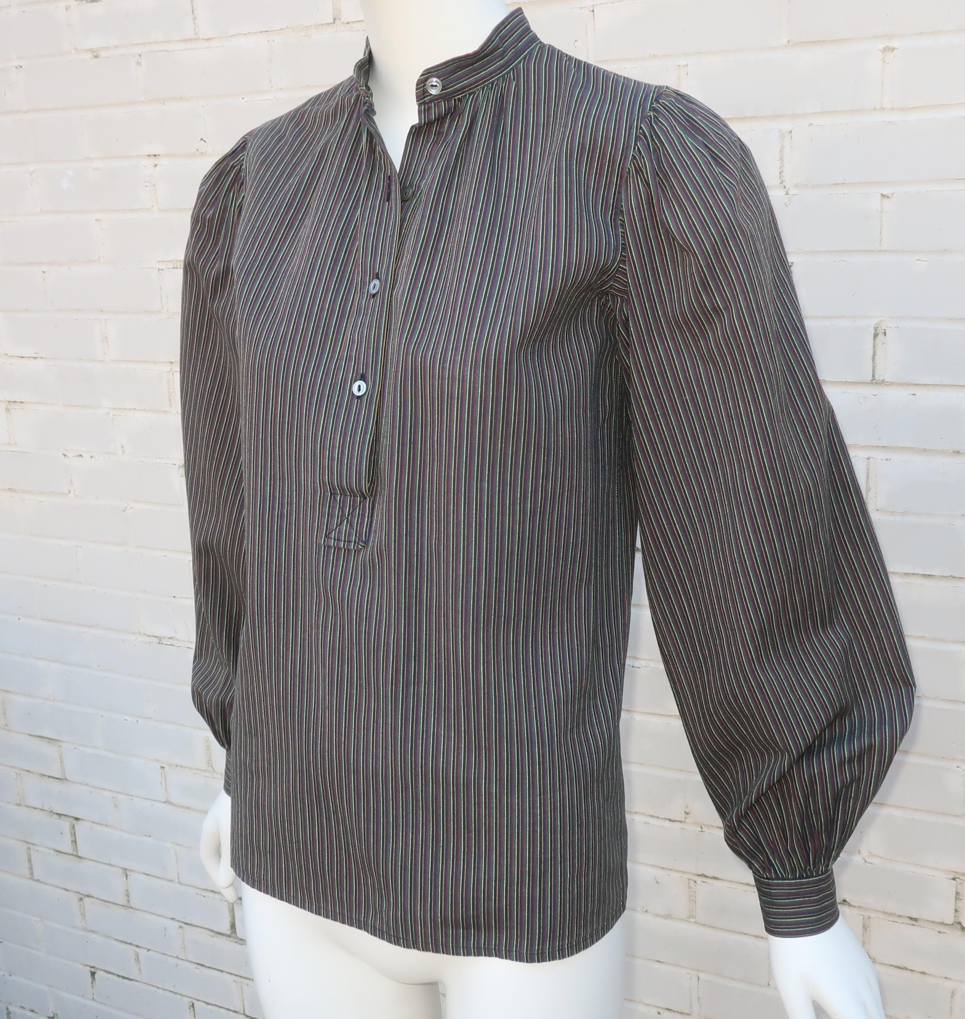 Yves Saint Laurent Striped Cotton Peasant Style Blouse, 1970's For Sale 1