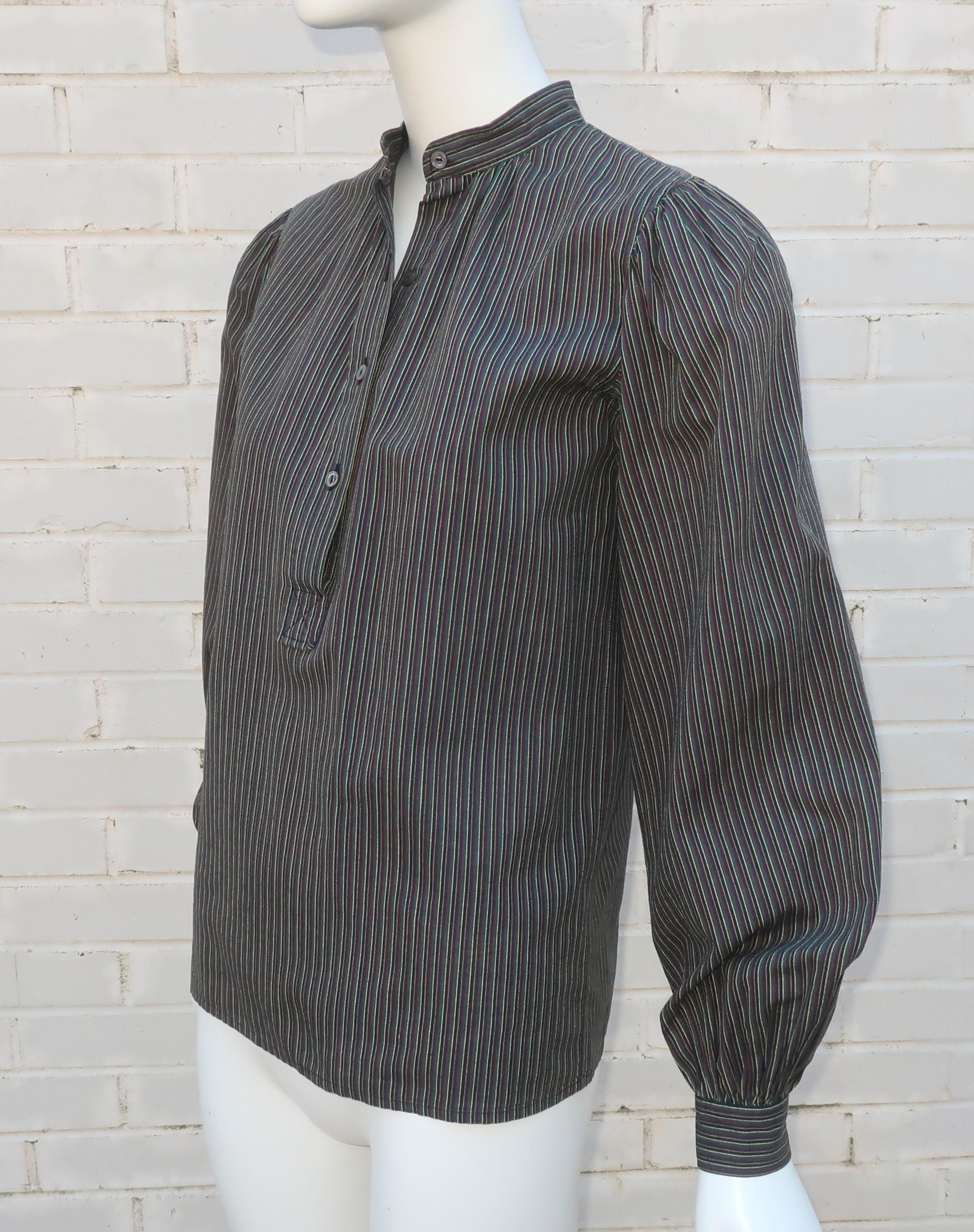 Yves Saint Laurent Striped Cotton Peasant Style Blouse, 1970's For Sale 2