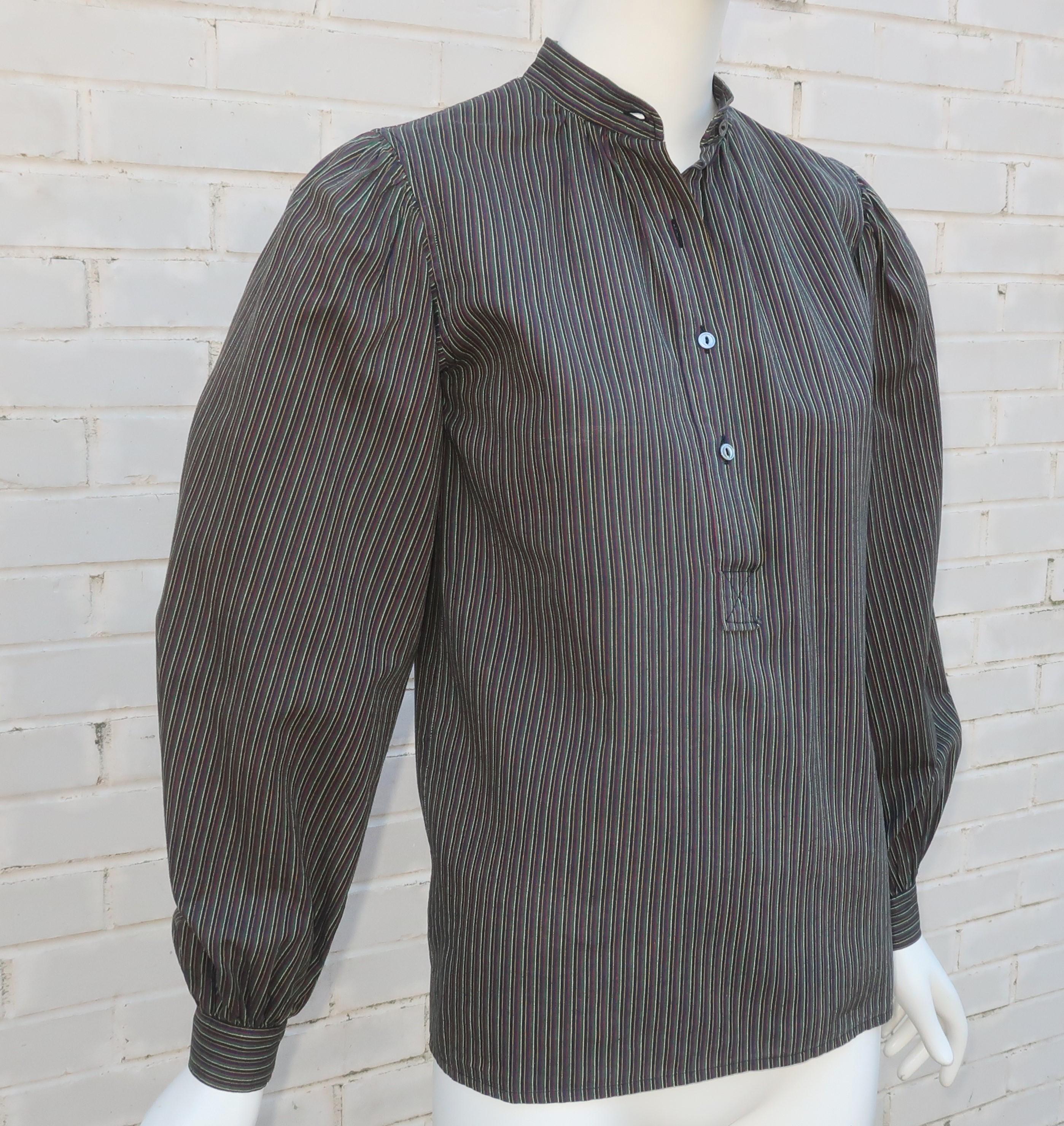 Yves Saint Laurent Striped Cotton Peasant Style Blouse, 1970's For Sale 3