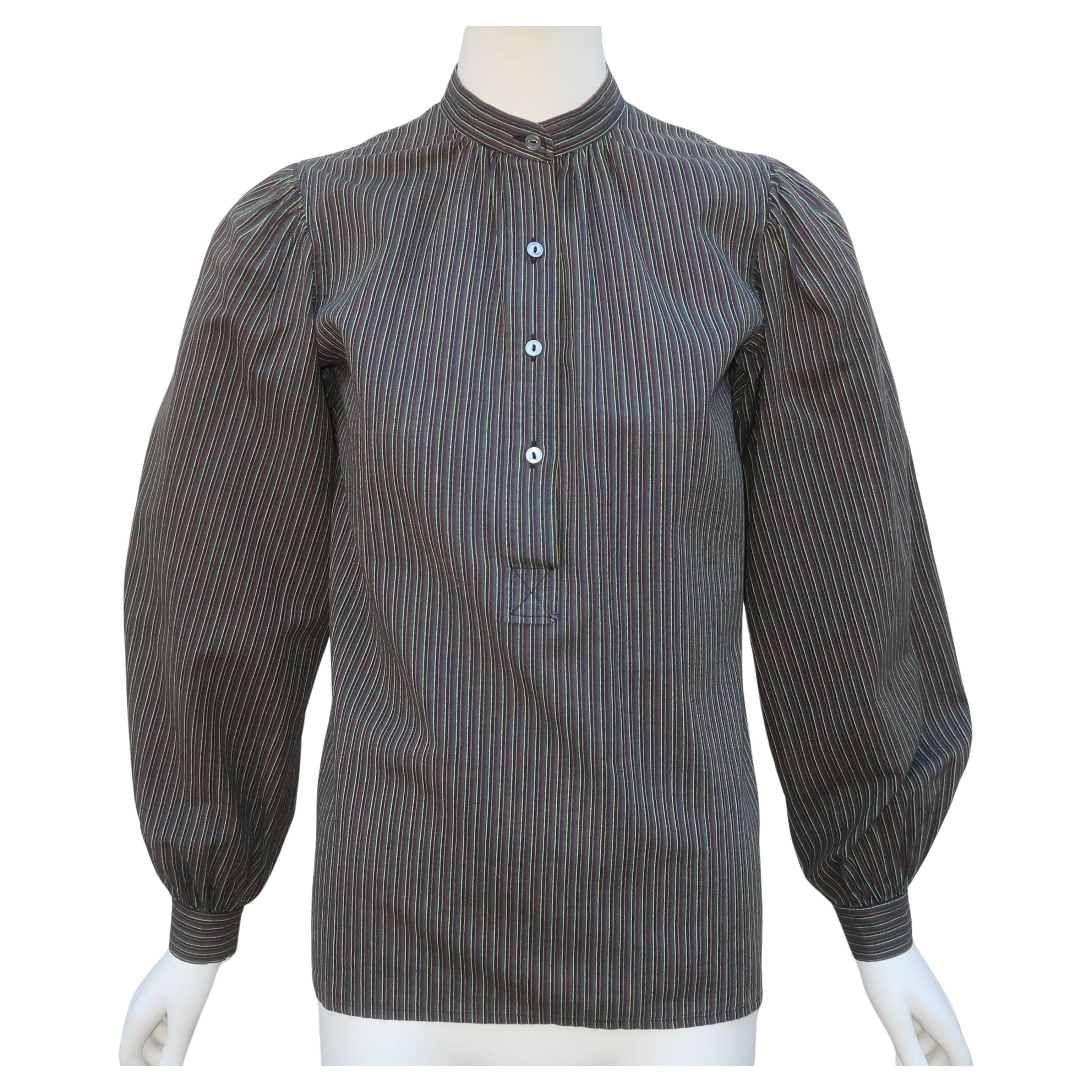 Yves Saint Laurent Striped Cotton Peasant Style Blouse, 1970's For Sale