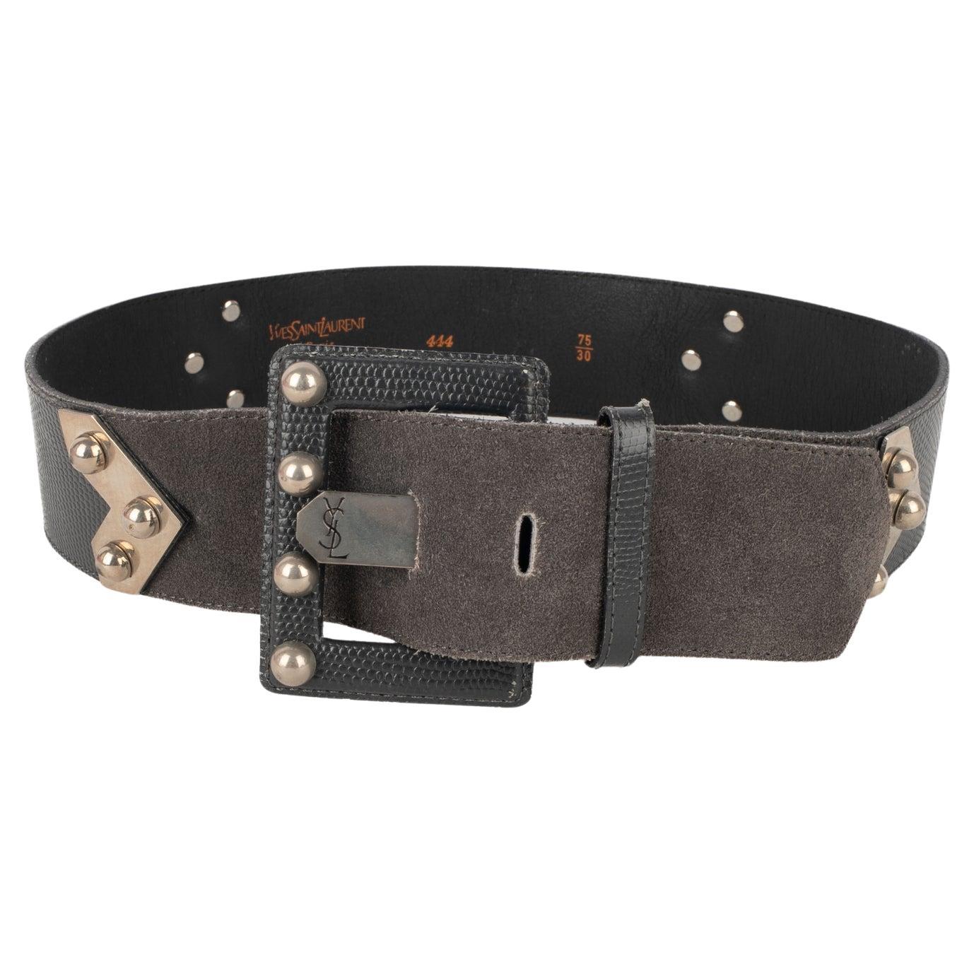 Yves Saint Laurent Suede and Leather Belt Decorated with Silvery Metal