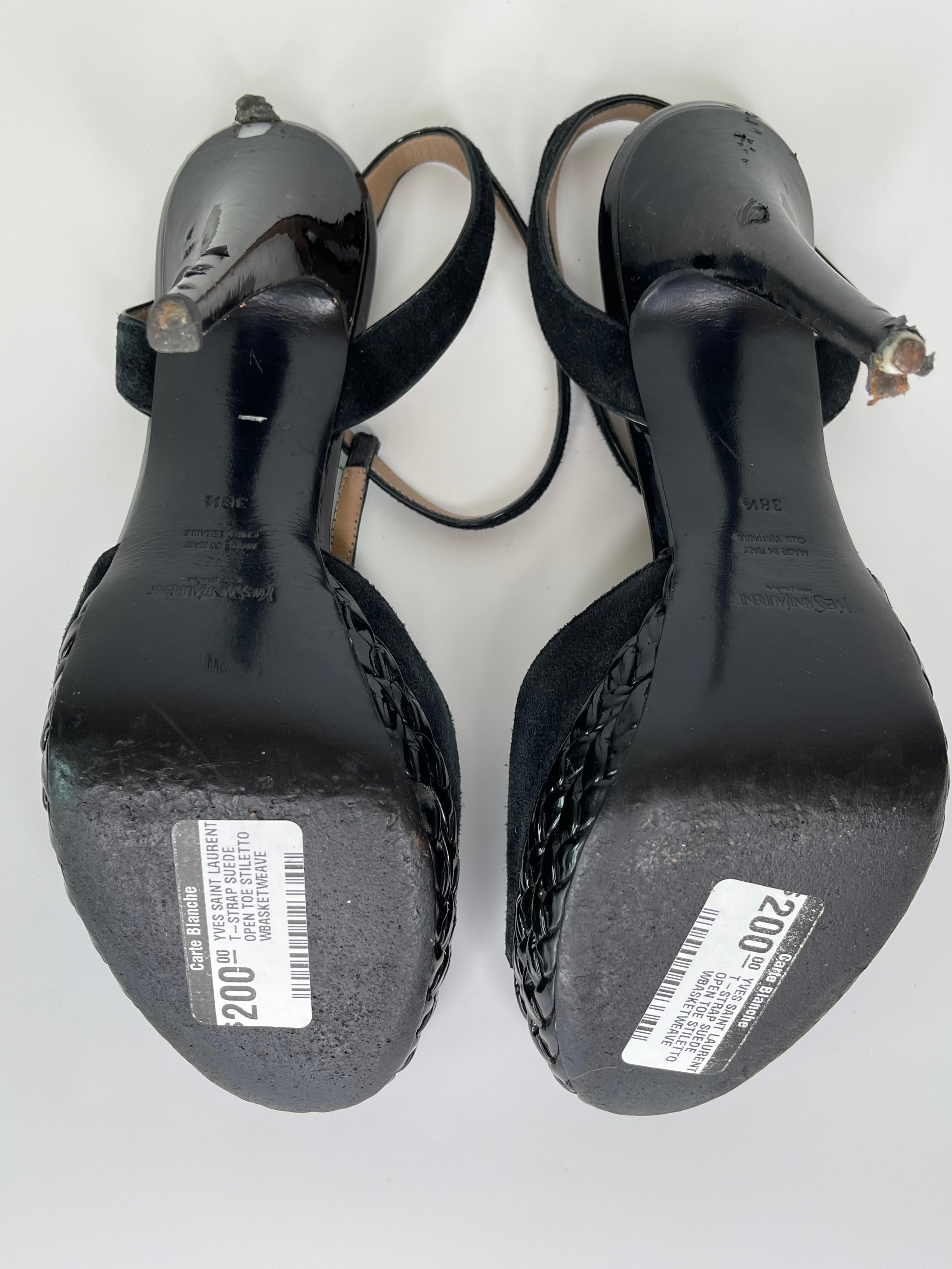 Women's  Yves Saint Laurent T-Strap Suede Open Toe Stiletto Basketweave Platform (38.5) For Sale