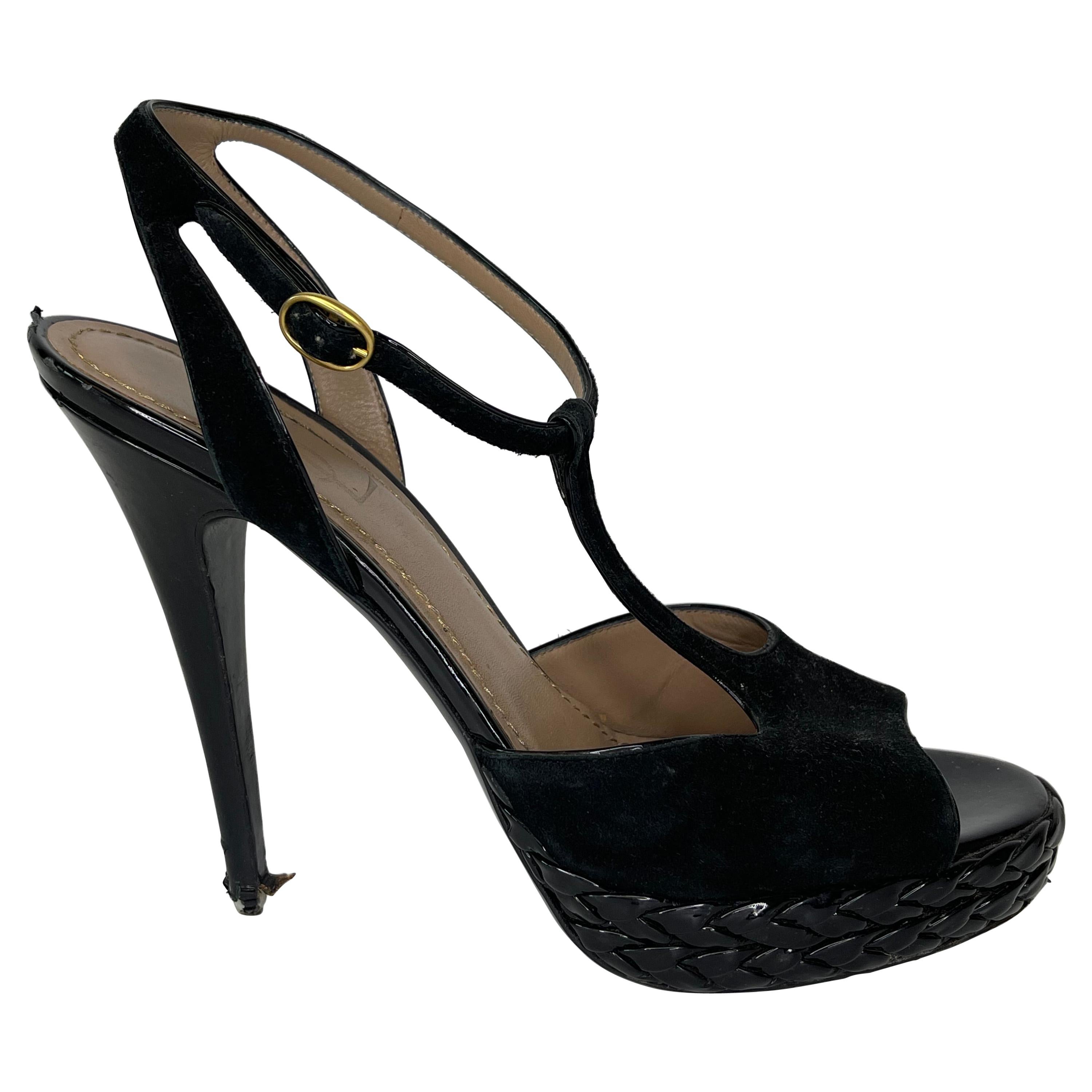  Yves Saint Laurent T-Strap Suede Open Toe Stiletto Basketweave Platform (38.5)