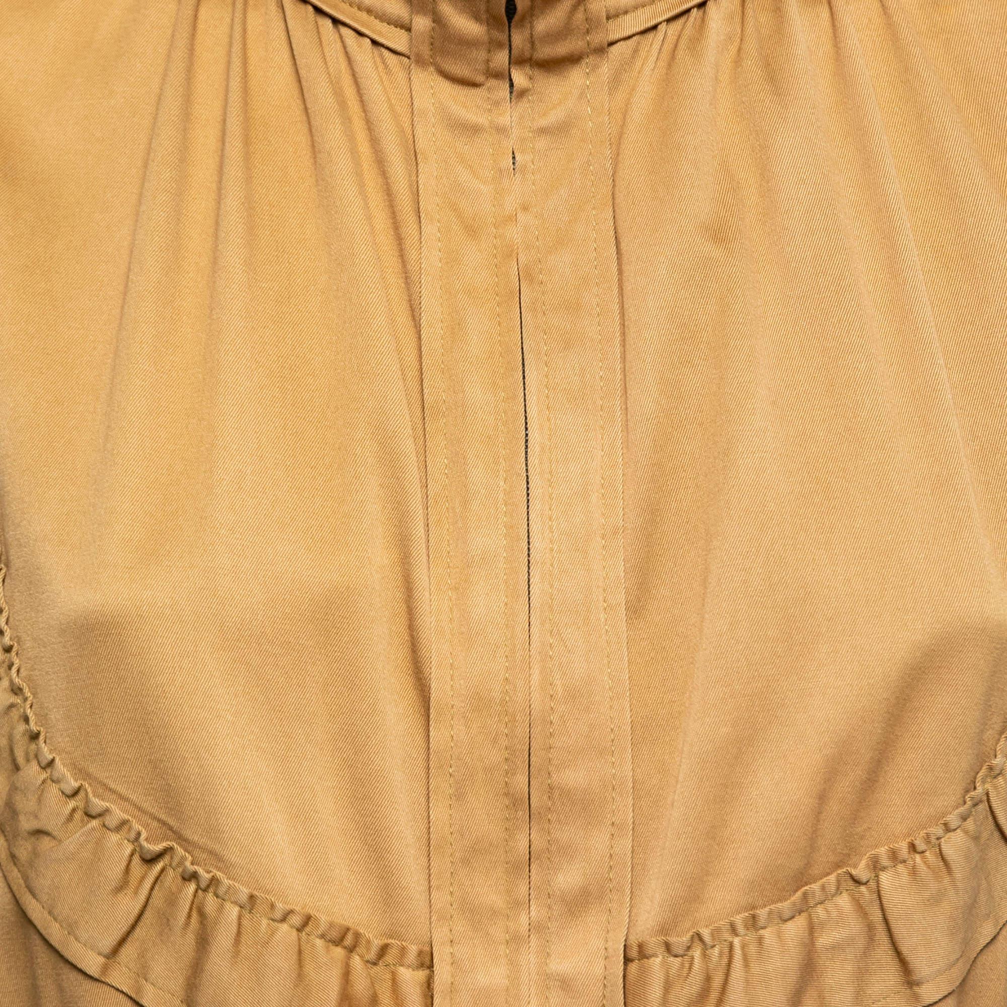 Yves Saint Laurent Tan Brown Cotton Twill Ruffled Zip-Up Jacket L Damen im Angebot