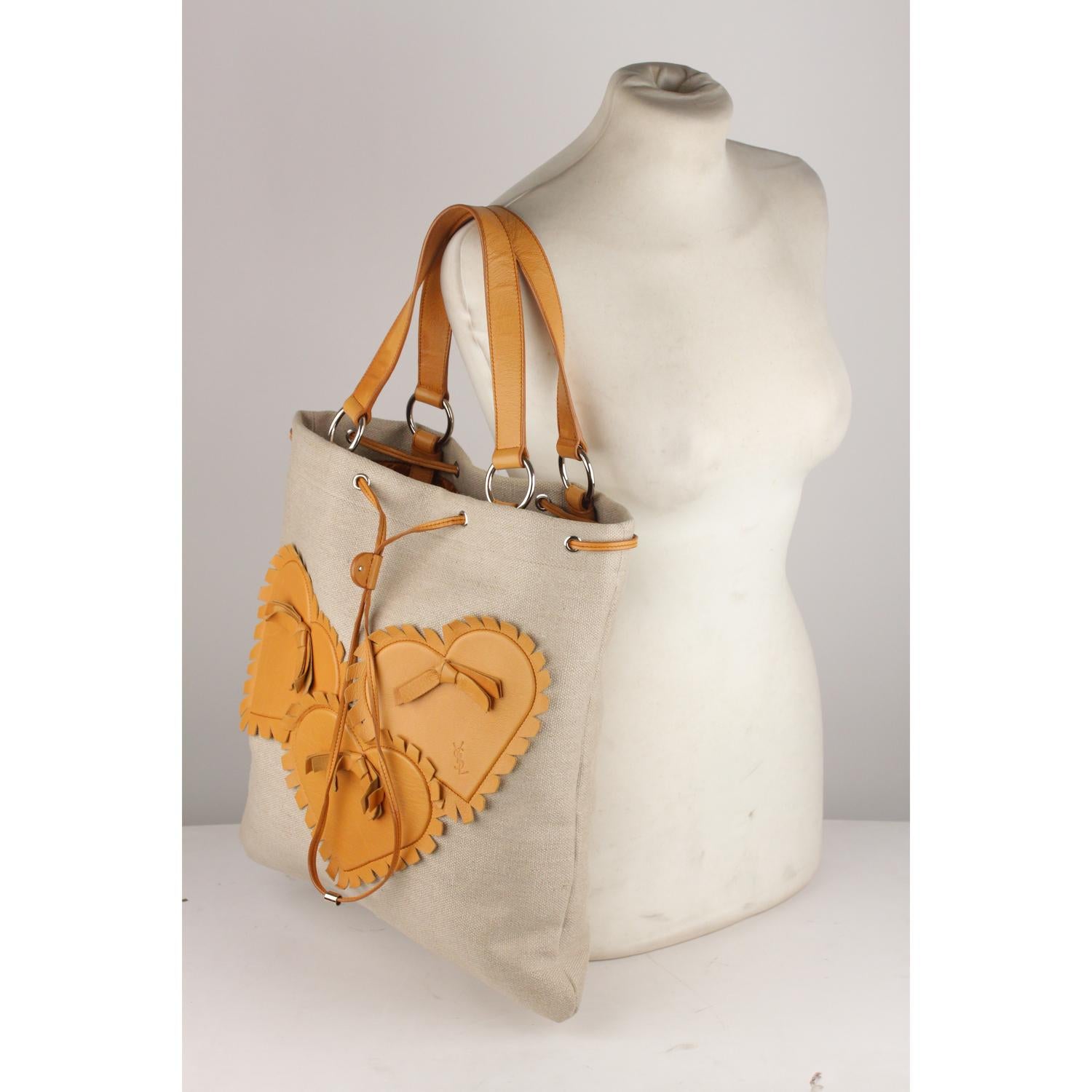 Orange Yves Saint Laurent Tan Canvas and Leather Hearts Tote Bag