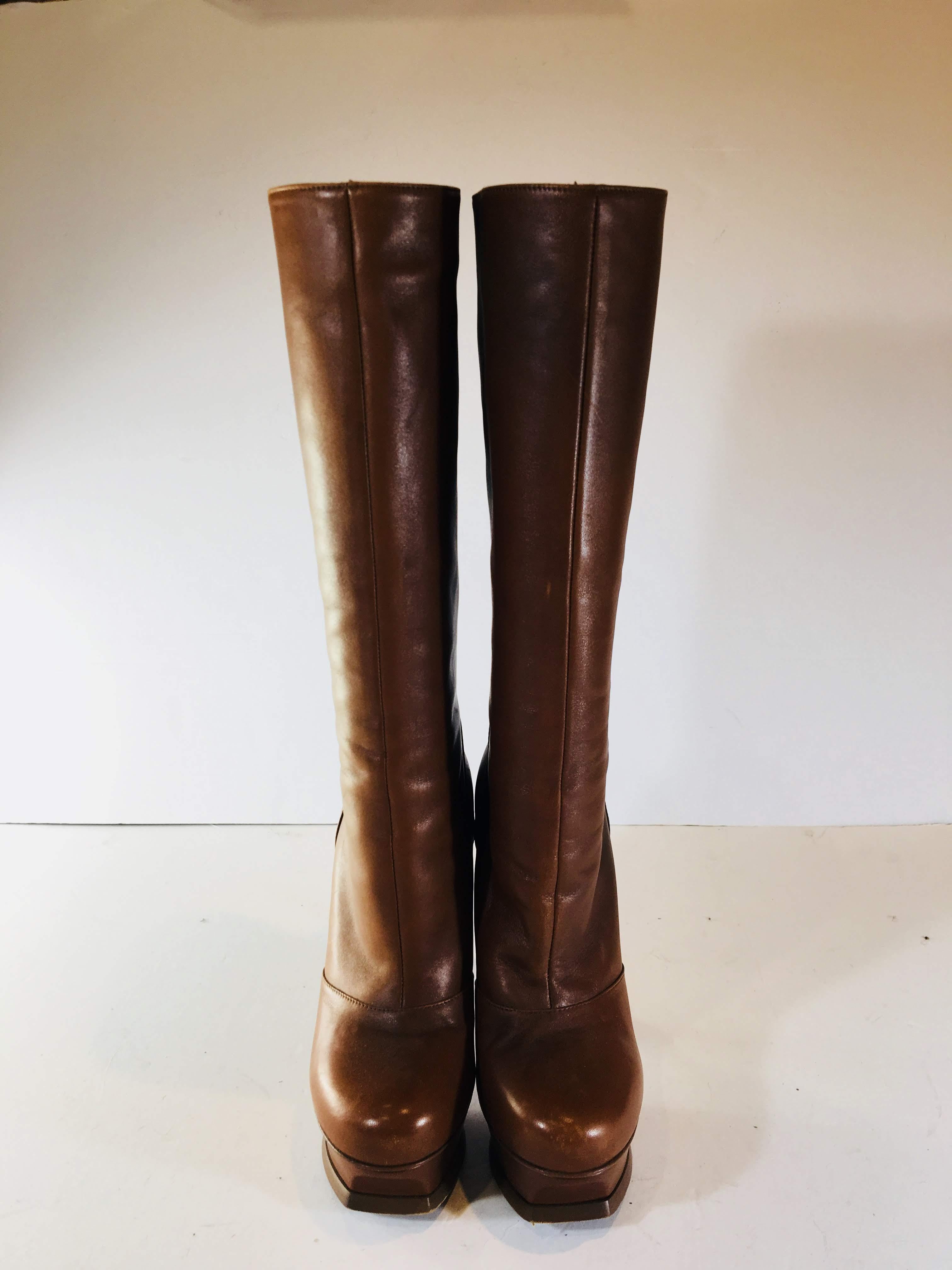 Yves Saint Laurent Size 37 Tan Leather Knee  High, Pull up Platform Boots. 