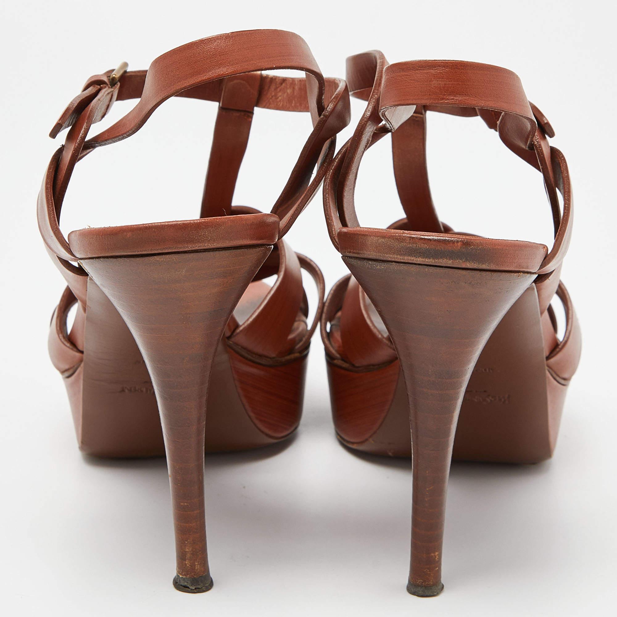 Brown Yves Saint Laurent Tan Leather Tribute Platform Sandals Size 41