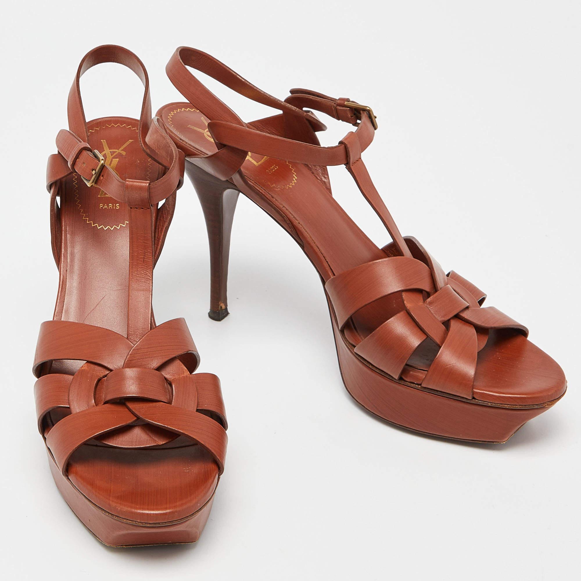 Women's Yves Saint Laurent Tan Leather Tribute Platform Sandals Size 41