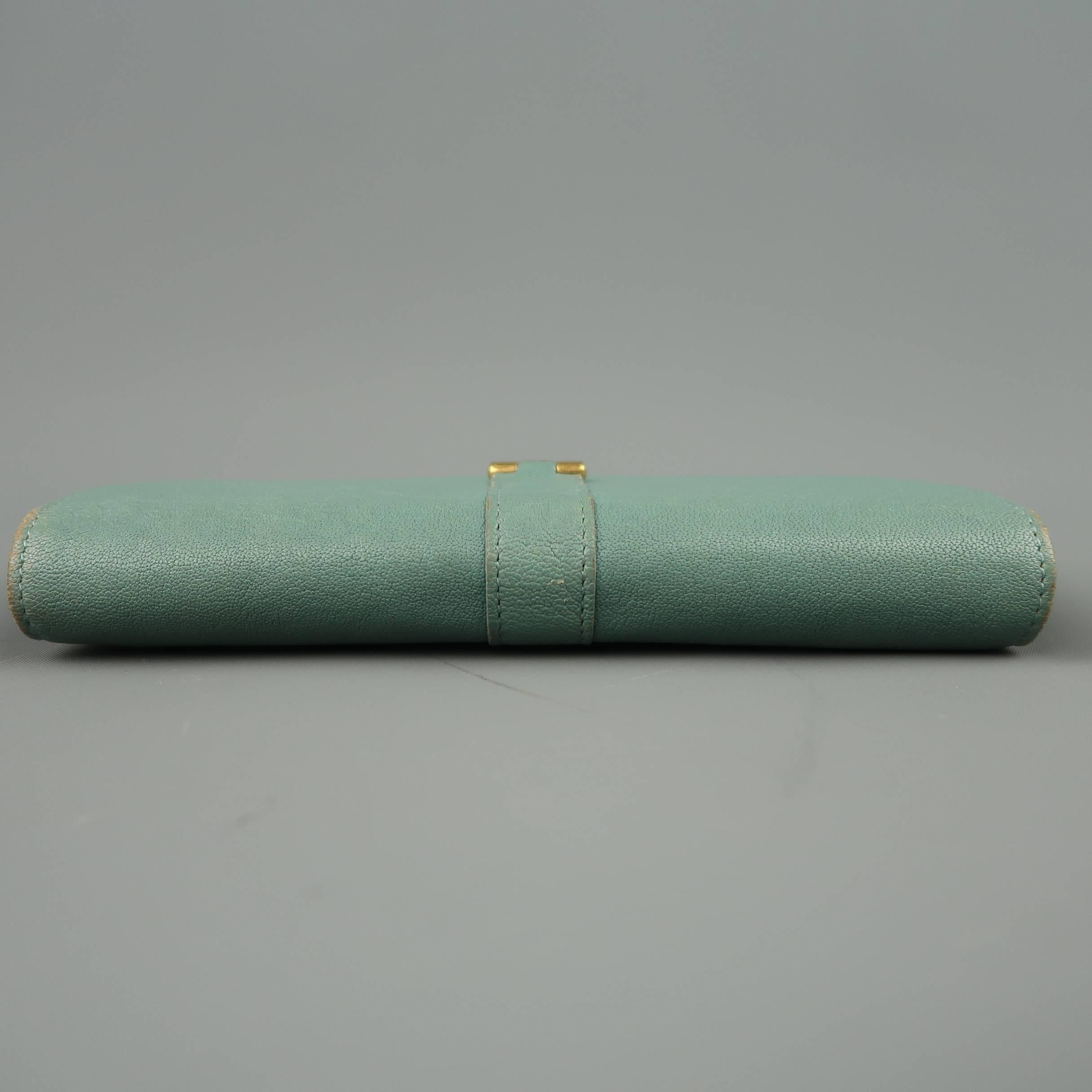 YVES SAINT LAURENT Teal Blue Leather Gold Y Wallet In Fair Condition In San Francisco, CA