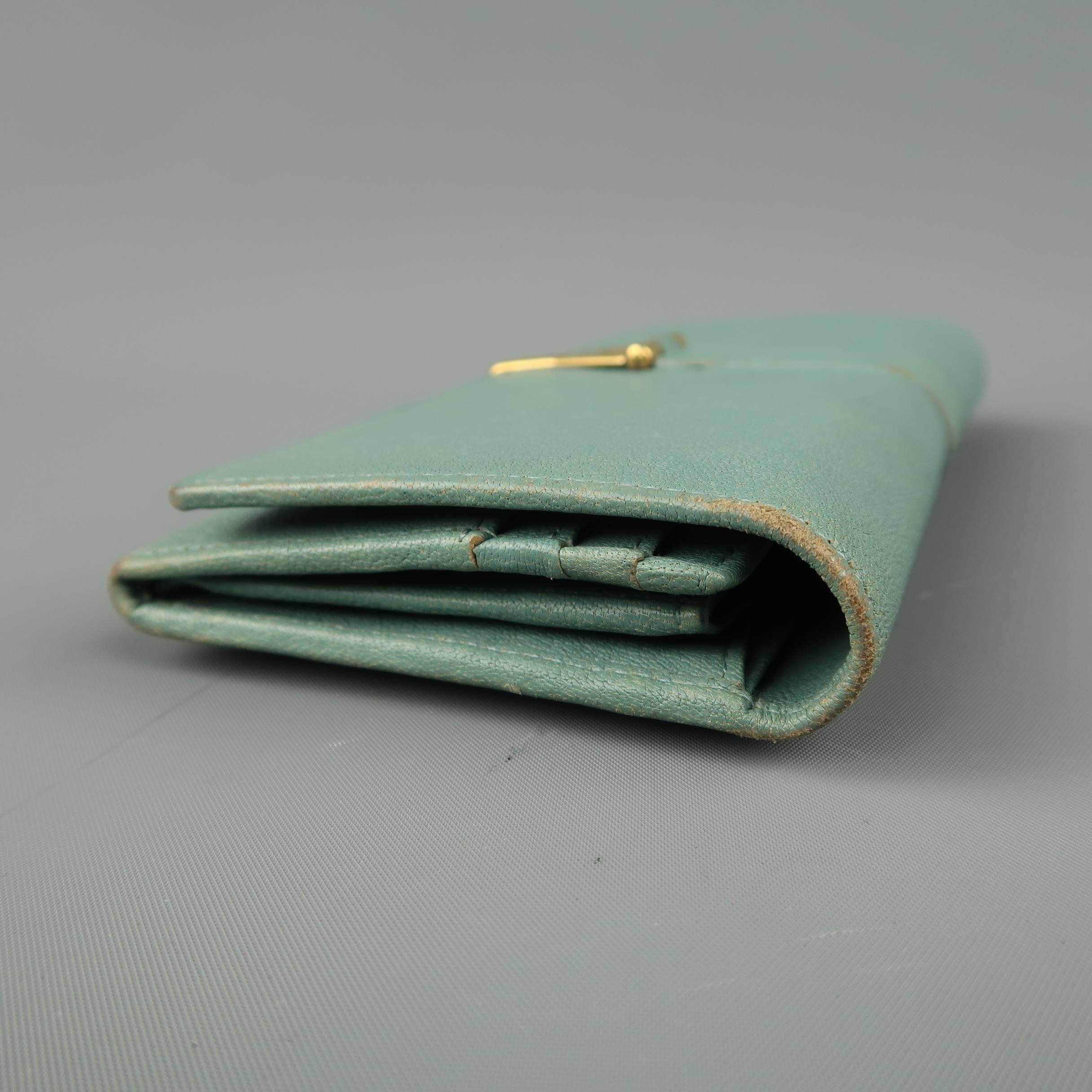 Women's YVES SAINT LAURENT Teal Blue Leather Gold Y Wallet