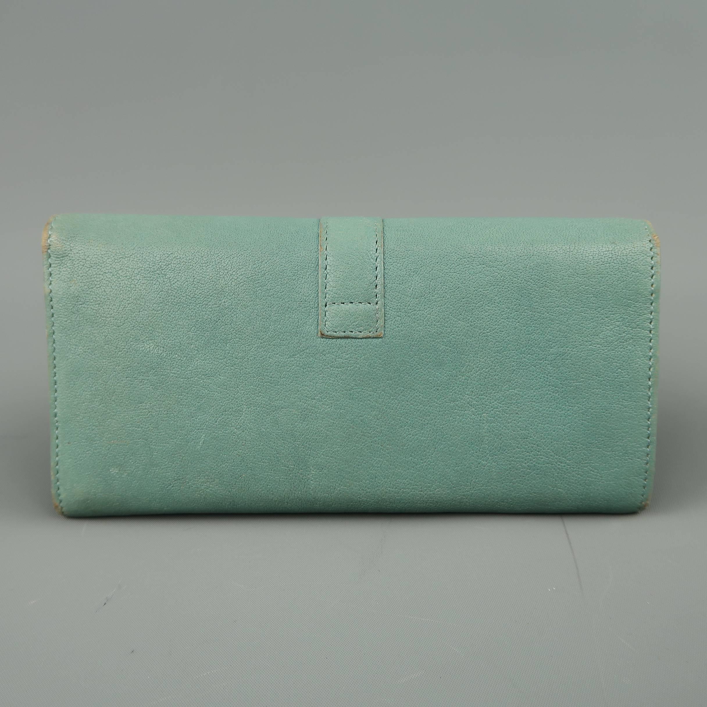 YVES SAINT LAURENT Teal Blue Leather Gold Y Wallet 1