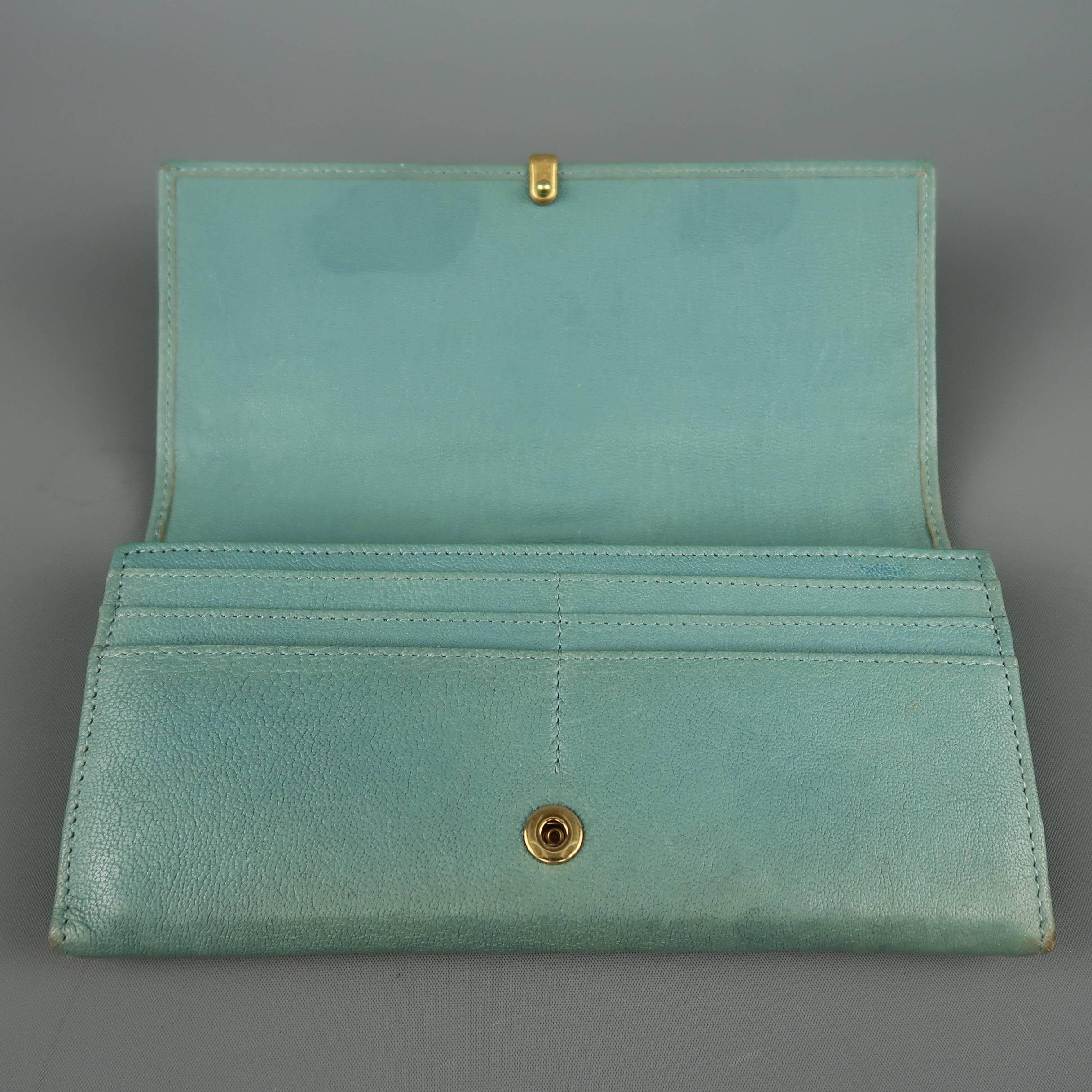 YVES SAINT LAURENT Teal Blue Leather Gold Y Wallet 2